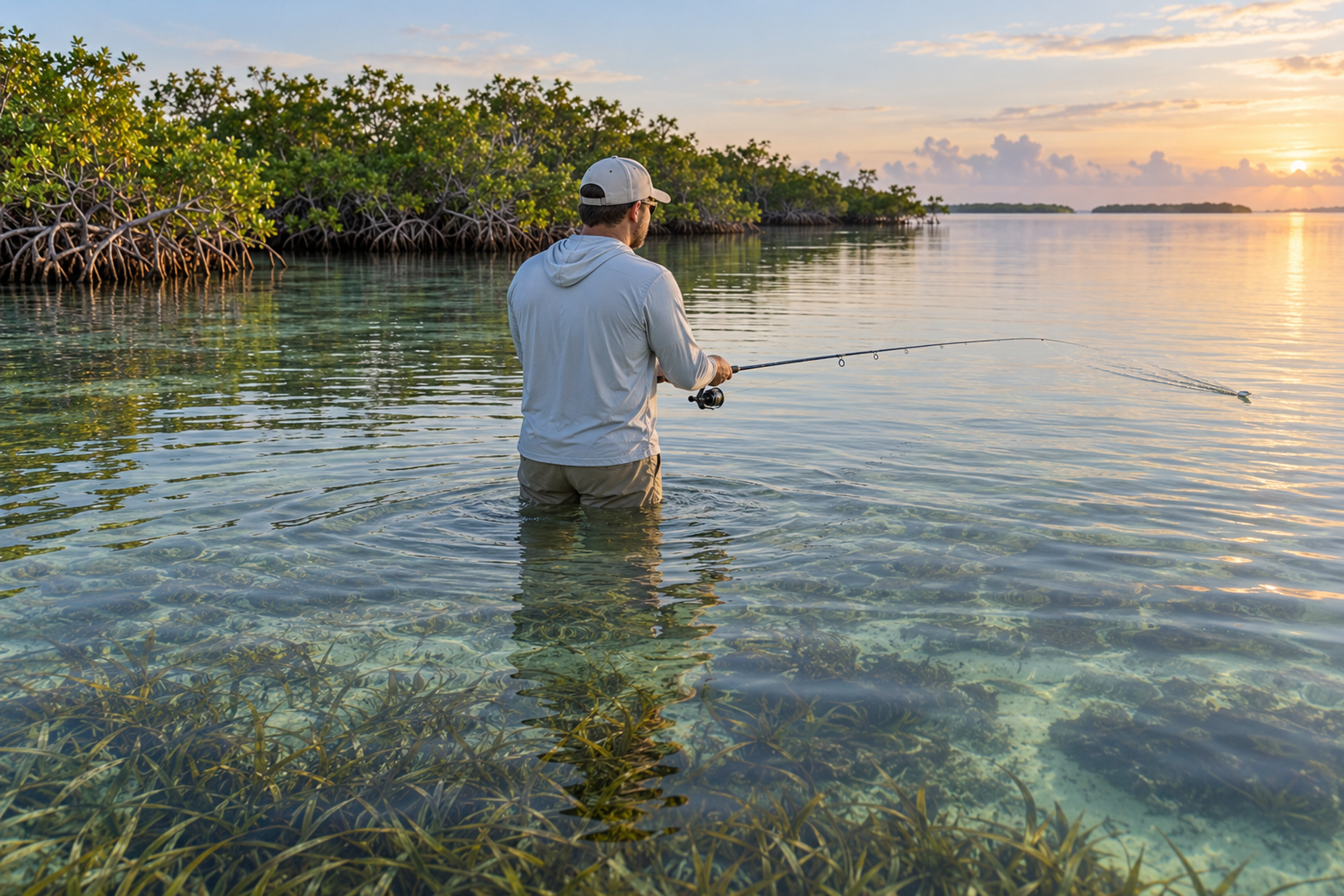 An angler wading a clear seagrass flat beside mangroves, working a topwater lure across the calm surface at sunrise