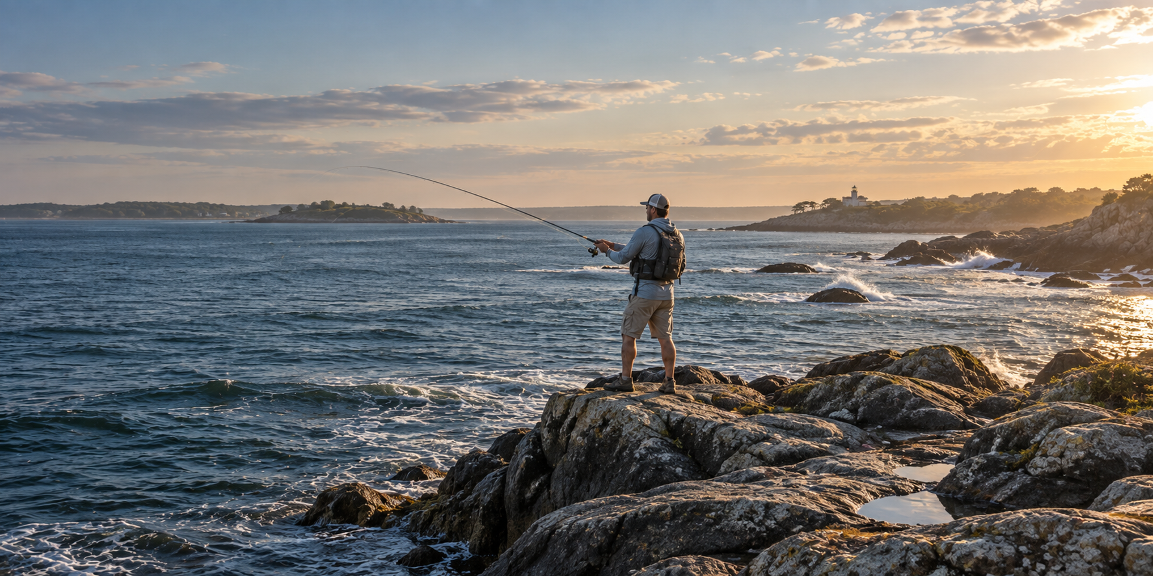 An angler casts into the ocean from shoreline rocks, with a rocky point and a distant lighthouse at sunset.