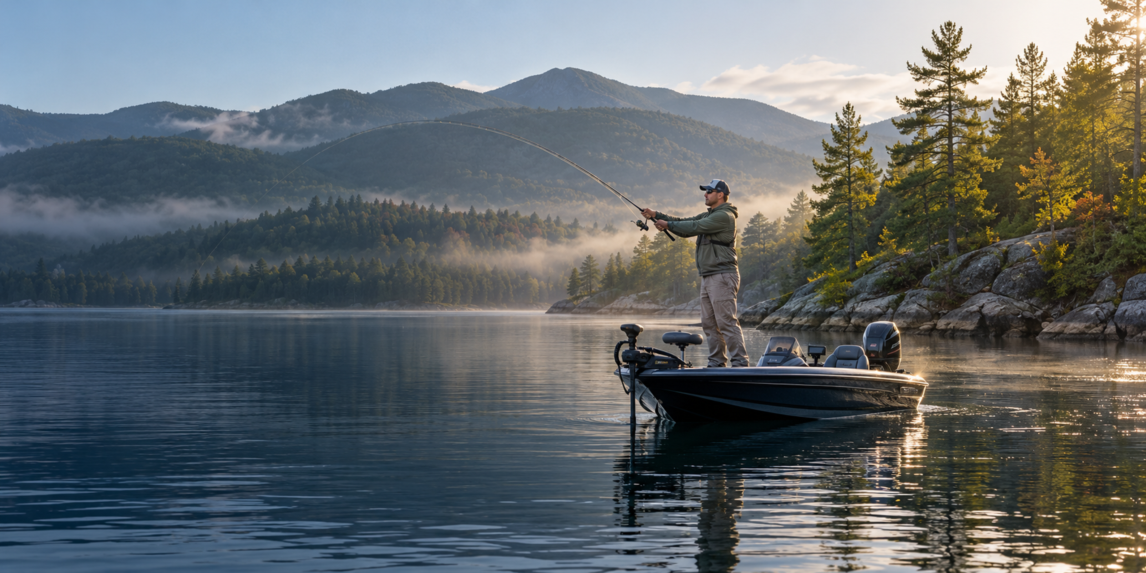 An angler casts from a bass boat on a calm lake with misty, forested mountains and a rocky pine shoreline.
