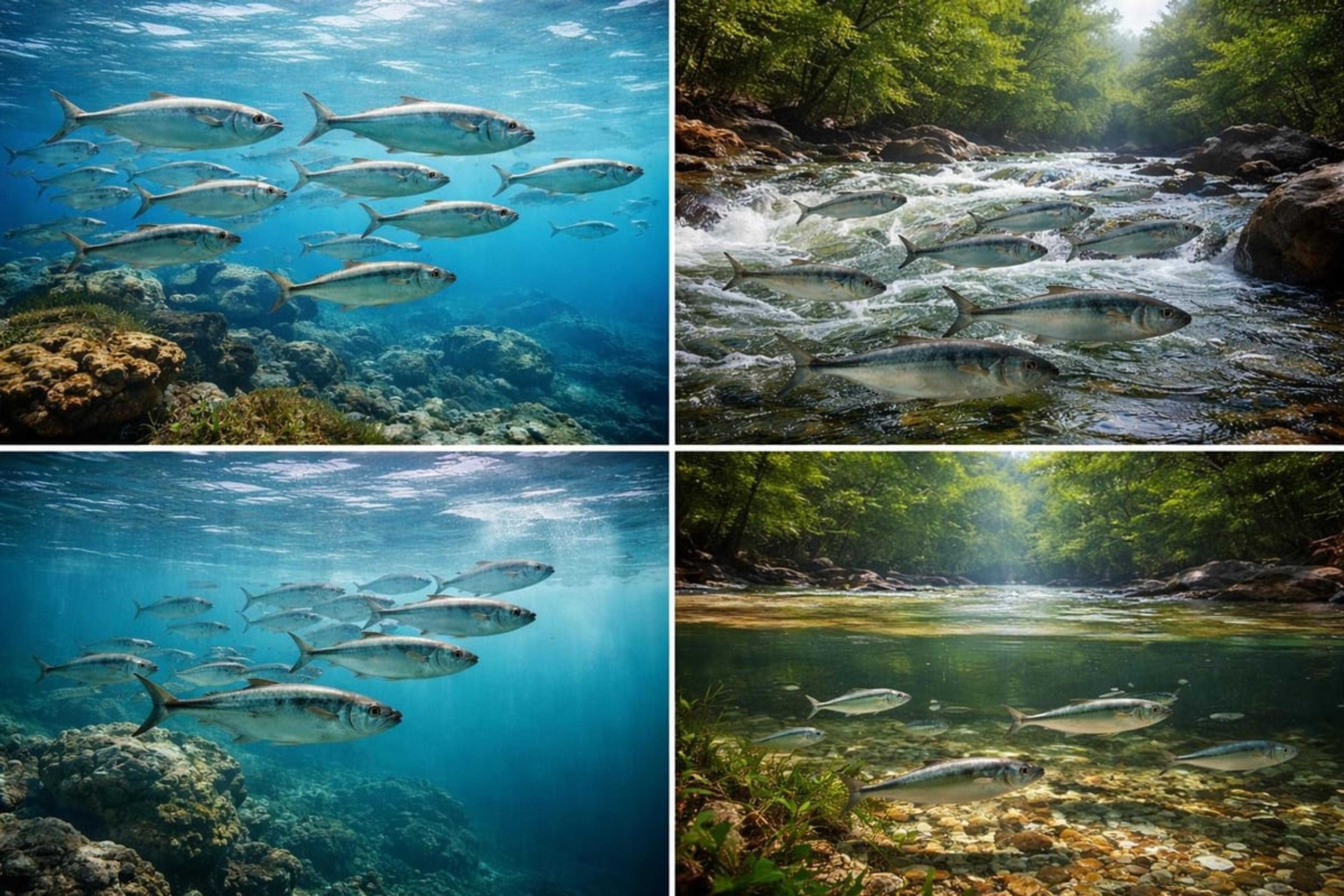 Four scenes of silver shad schooling in open ocean and moving up clear rivers