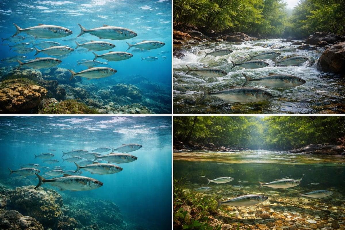 Four scenes of silver shad schooling in open ocean and moving up clear rivers