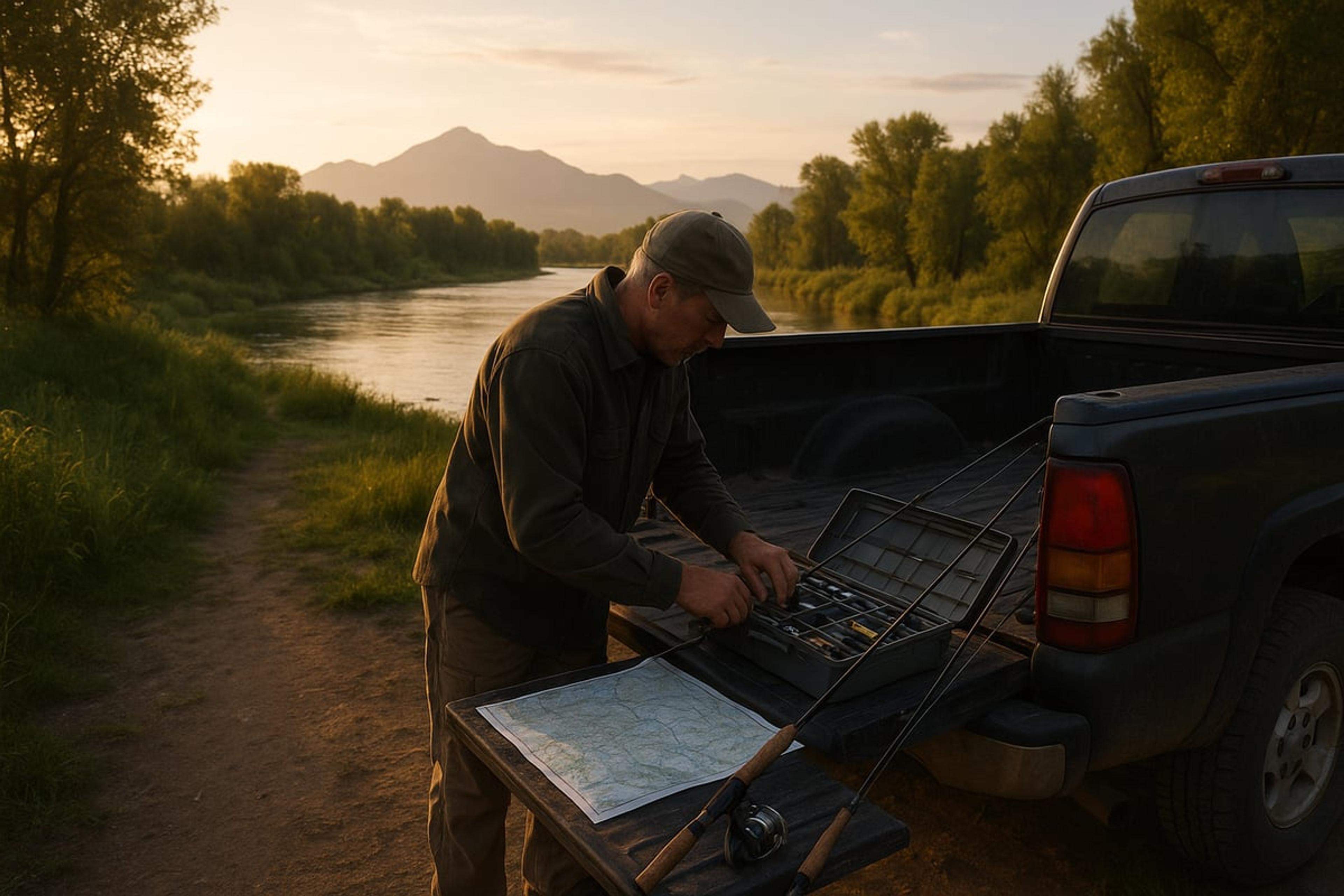 Angler at the tailgate of a pickup sorting tackle beside a paper map, near a riverside trail