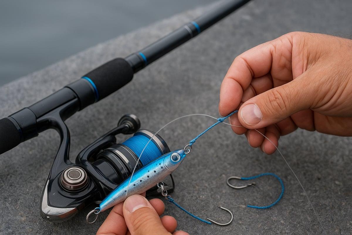 Hands tying a slim jig with assist hooks to the line of a spinning outfit