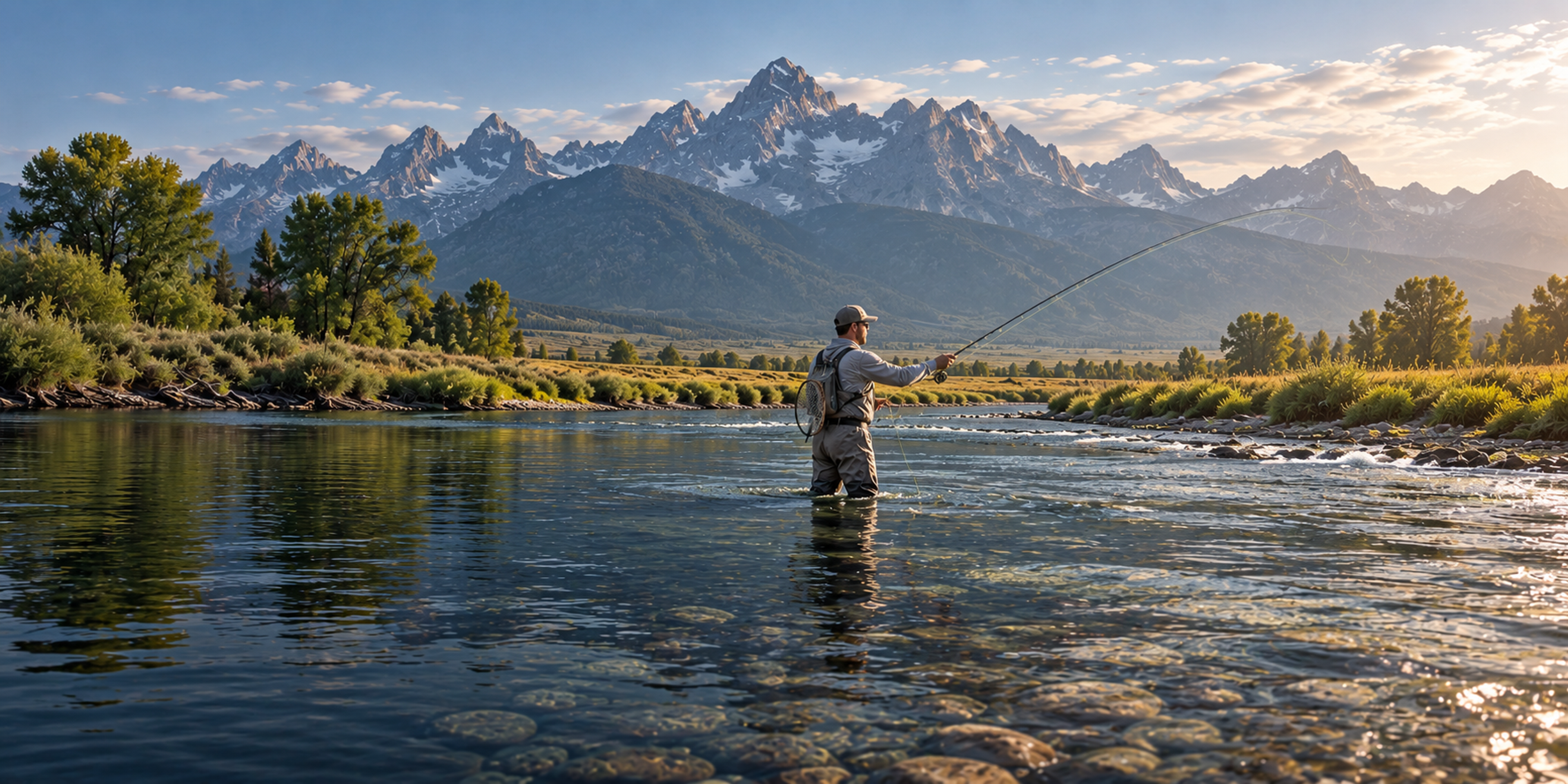 An angler wades a clear mountain river and casts a fly rod beneath jagged, snow-streaked peaks.