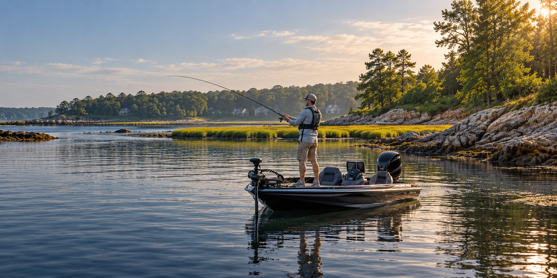An angler casts from a bass boat in a sheltered cove with rocky shoreline, marsh grass and wooded hills.