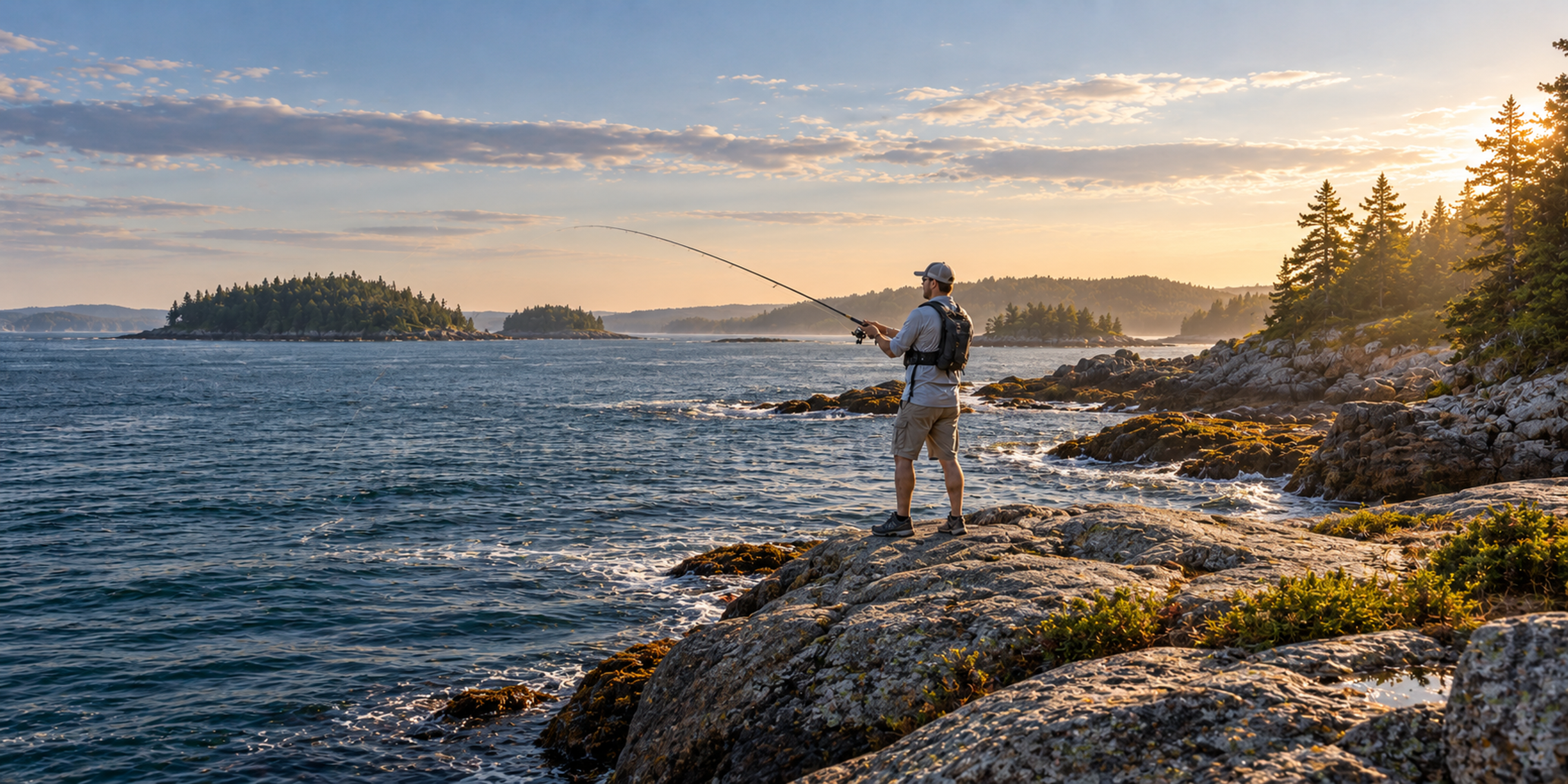 An angler casts from a granite ledge on a rocky coastline with spruce trees and small islands offshore.