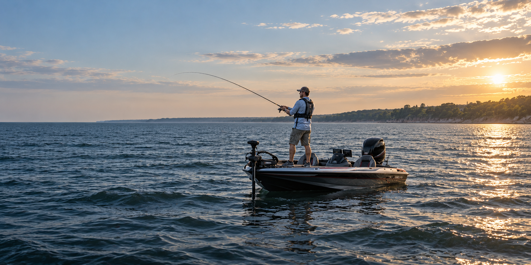 An angler casts from a bass boat on open, wind-rippled water at sunset, with a low tree-lined shore in the distance.