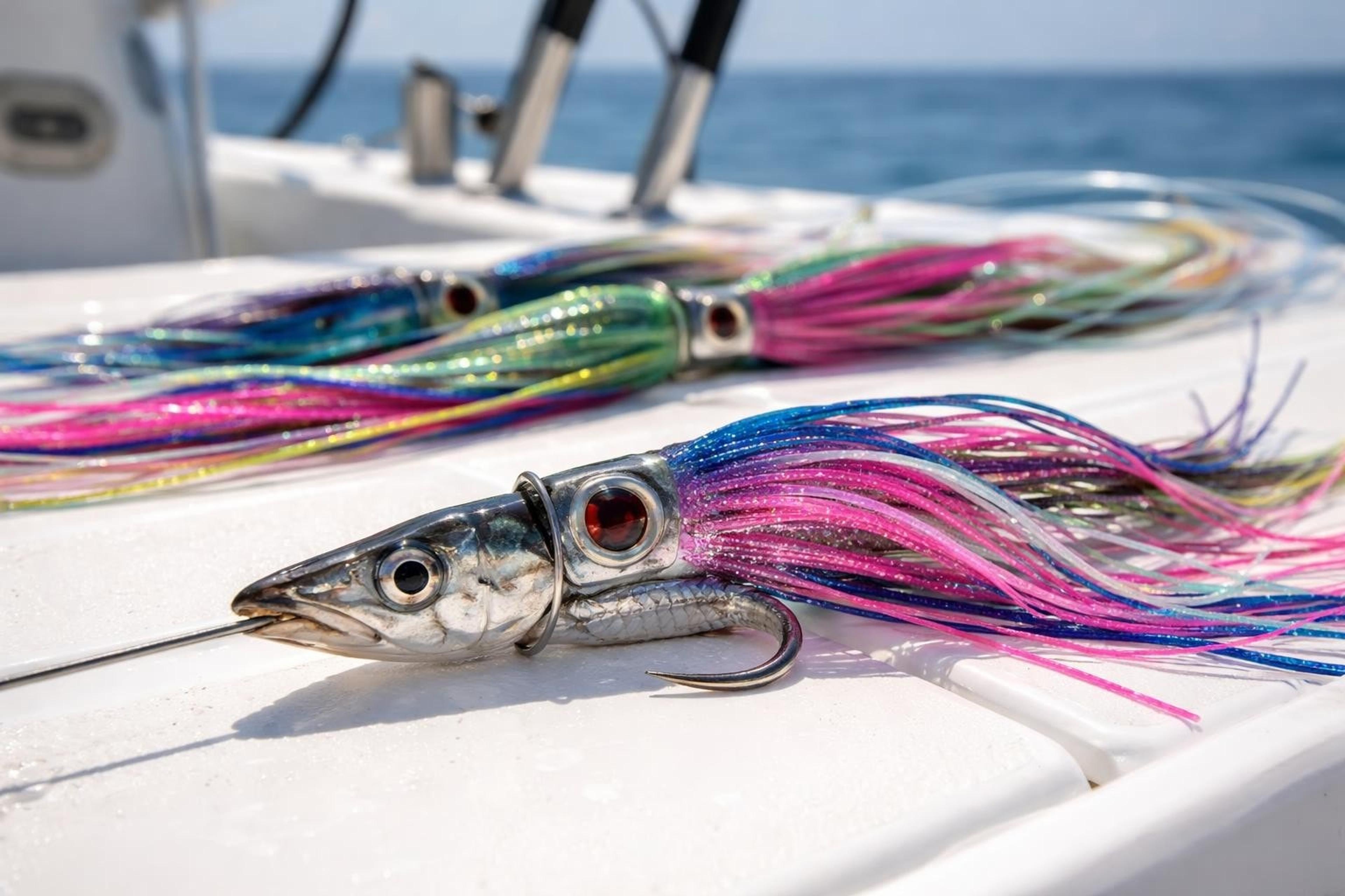 Rigged ballyhoo with a pink-and-blue skirt and a hook, lying on a boat deck beside more skirted baits