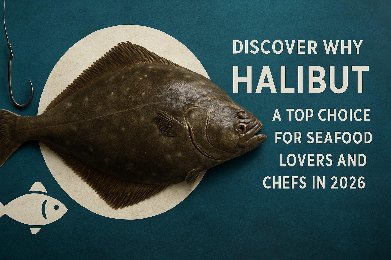 Flatfish on a teal background beside the text “Discover why halibut – a top choice for seafood lovers and chefs in 2026”
