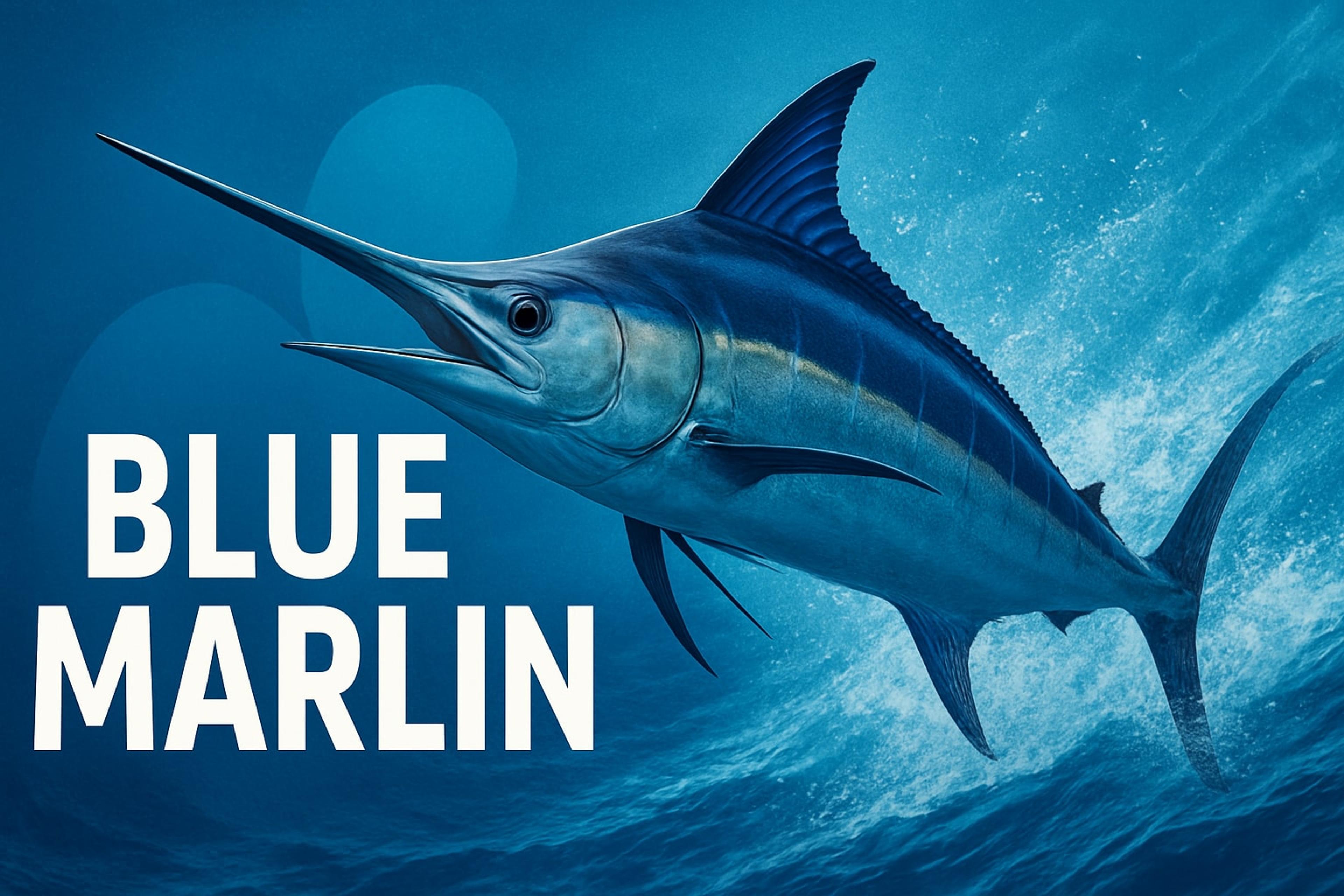 Blue marlin leaping from a wave beside the words “Blue Marlin”