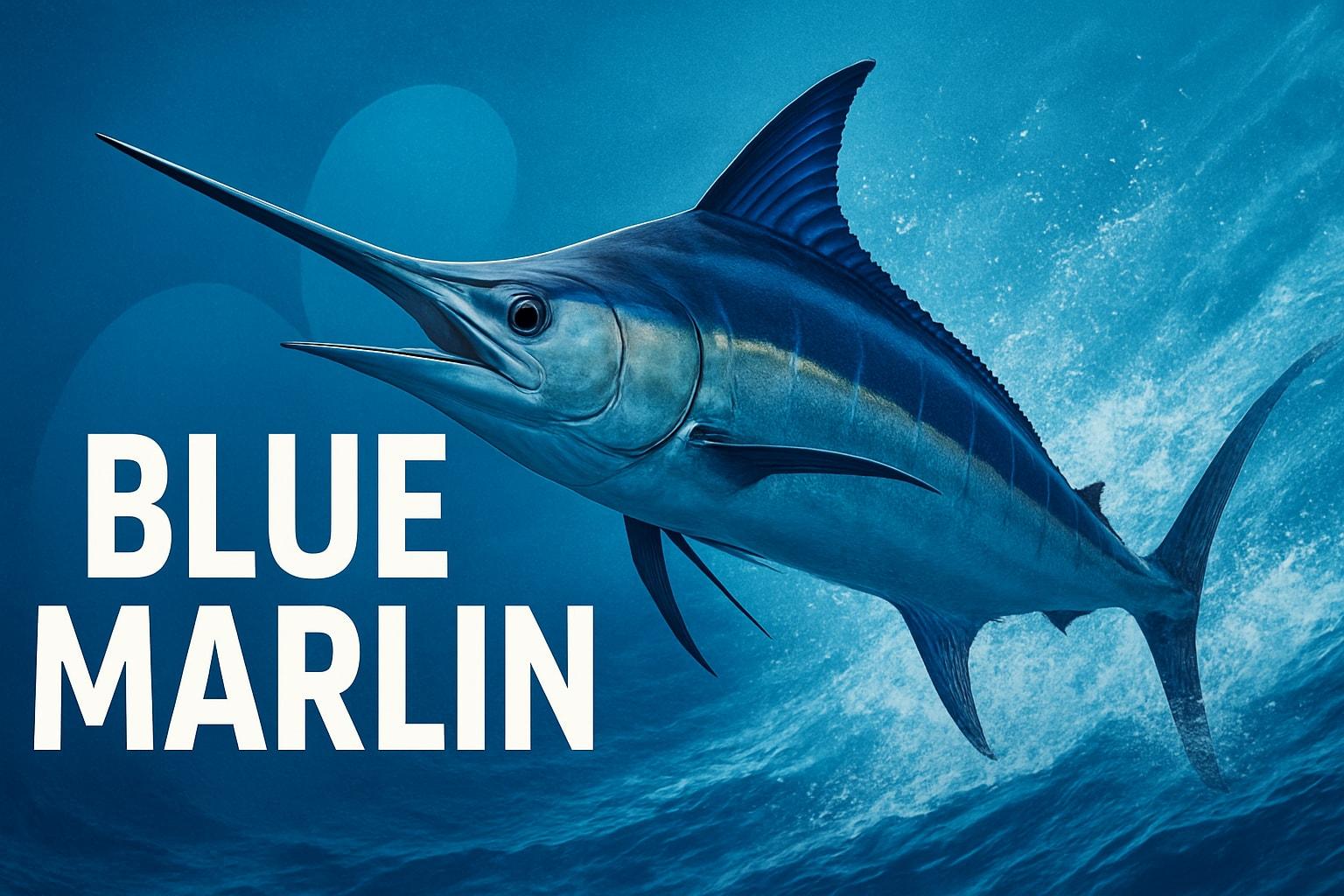 Blue marlin leaping from a wave beside the words “Blue Marlin”