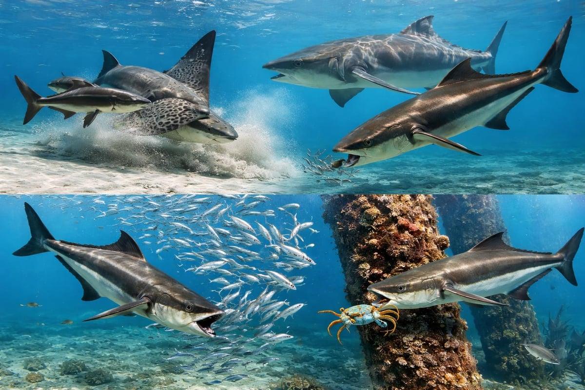 Two panels: cobia following a ray and a shark over sand, and cobia chasing baitfish and a crab around a piling