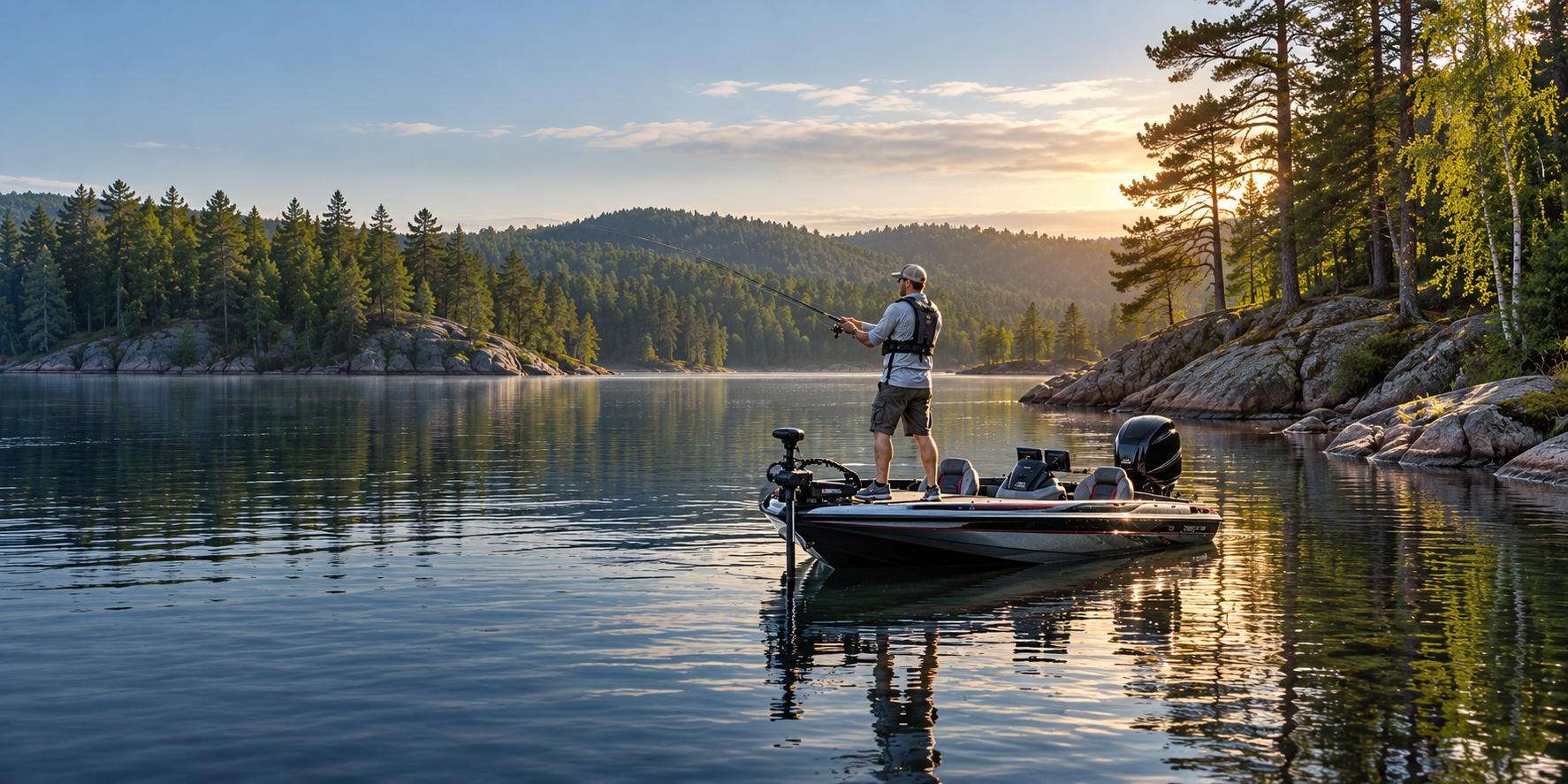 An angler casts from a bass boat on a calm northwoods lake with pine trees and a rocky shoreline.
