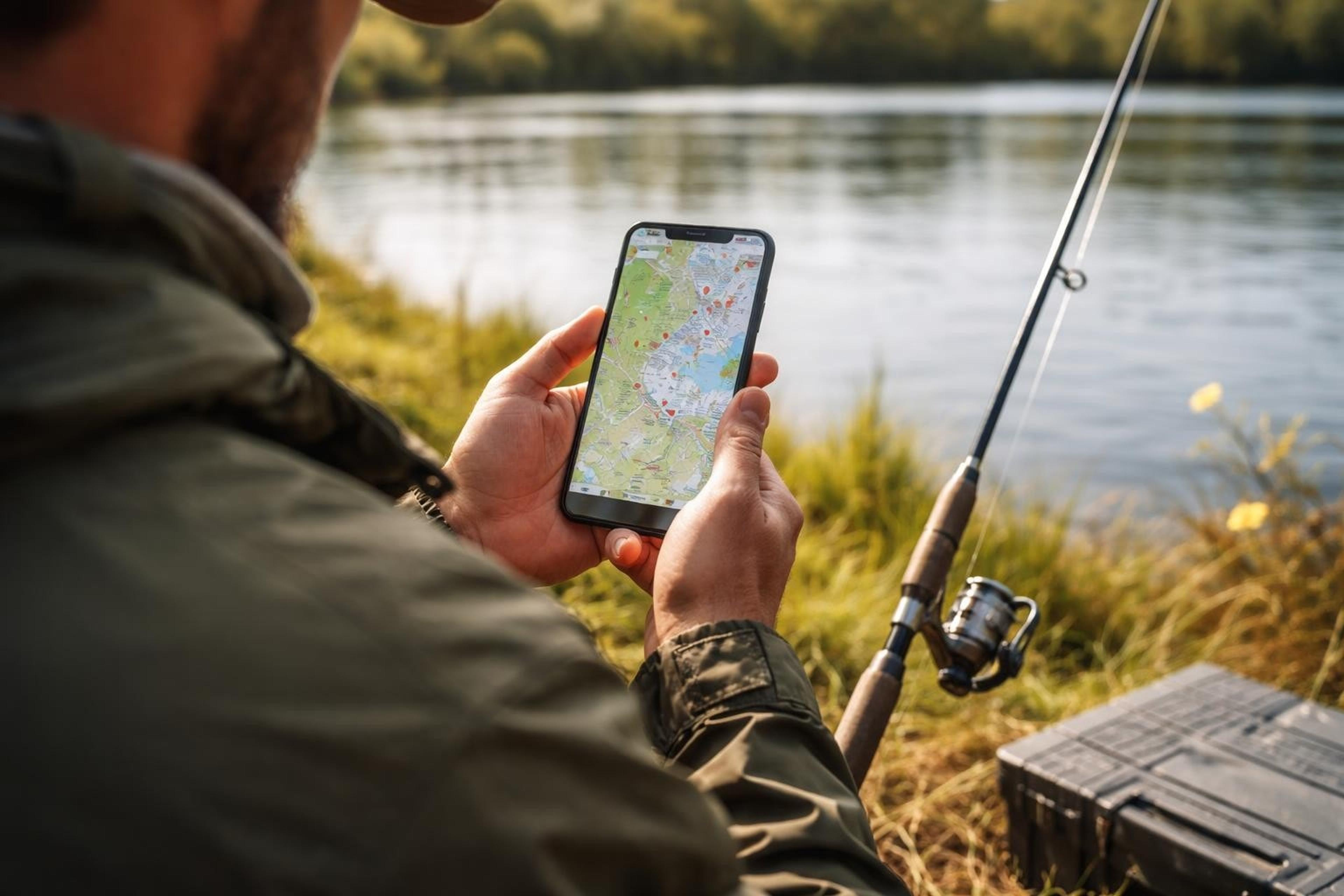 Angler on a grassy lakeshore holding a phone showing a map, with a spinning rod resting beside him