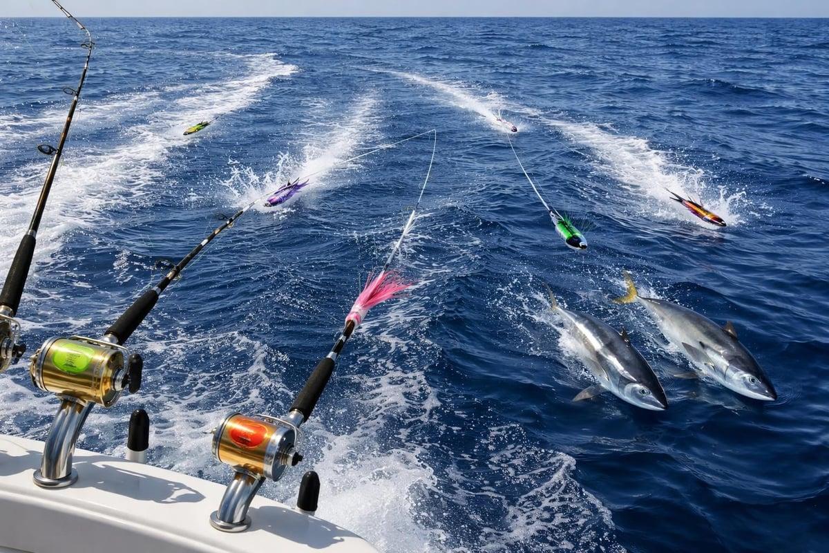 Trolling rods in holders at the stern of a boat, with colorful lures skipping in the wake and two tuna chasing them just below the surface