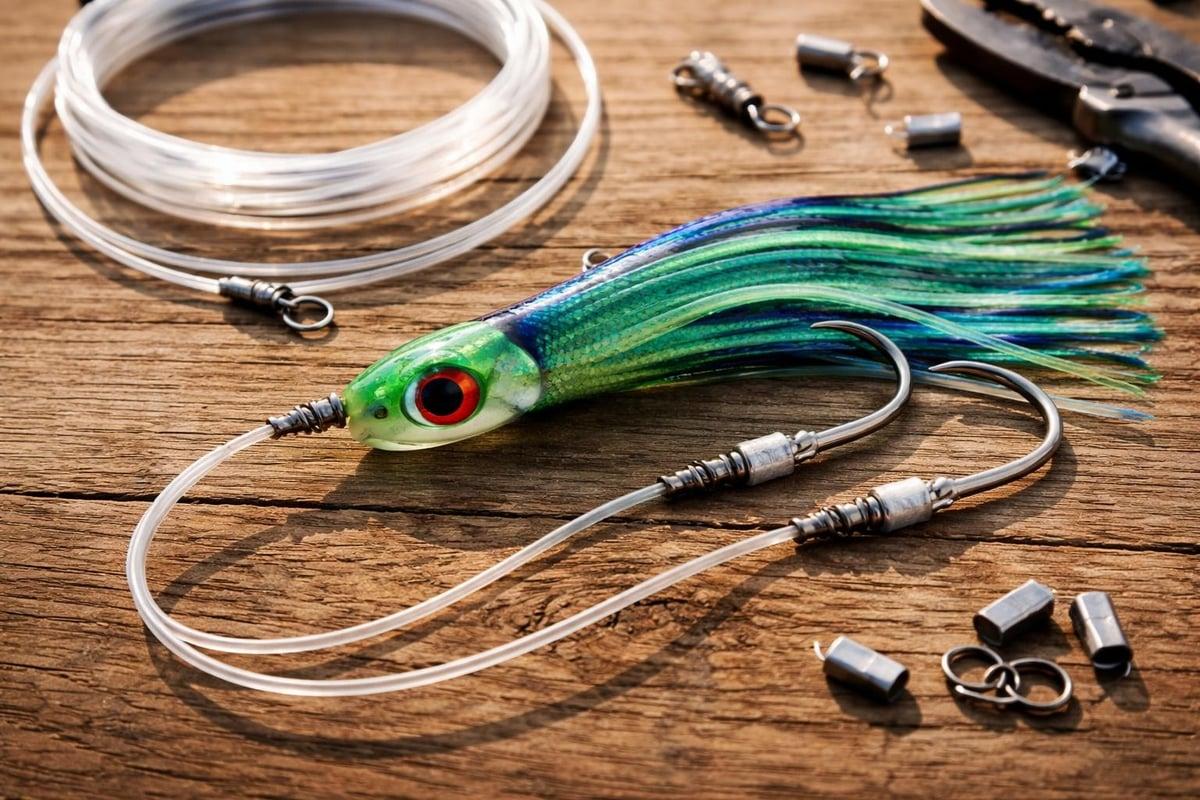 Blue-and-green skirted trolling lure rigged on a clear leader with a large hook, with leader line, crimps and swivels on a wooden table
