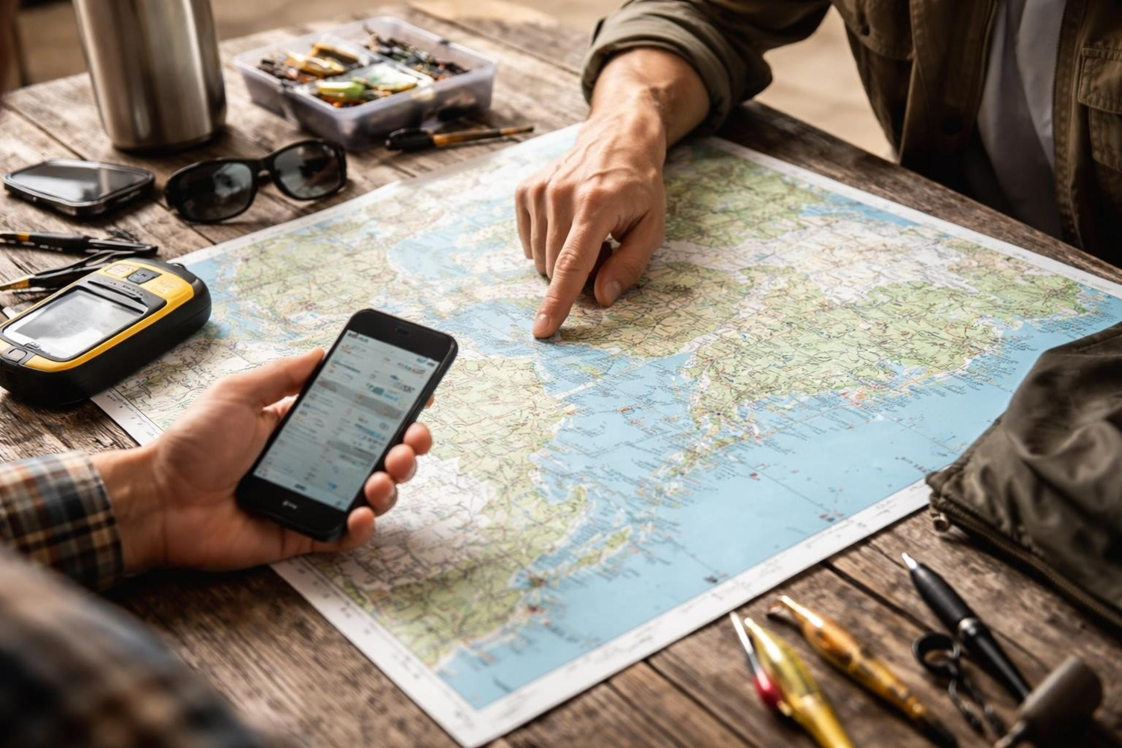 Angler pointing to a coastal map on a wooden table while checking a phone, with a handheld GPS, sunglasses and lures nearby