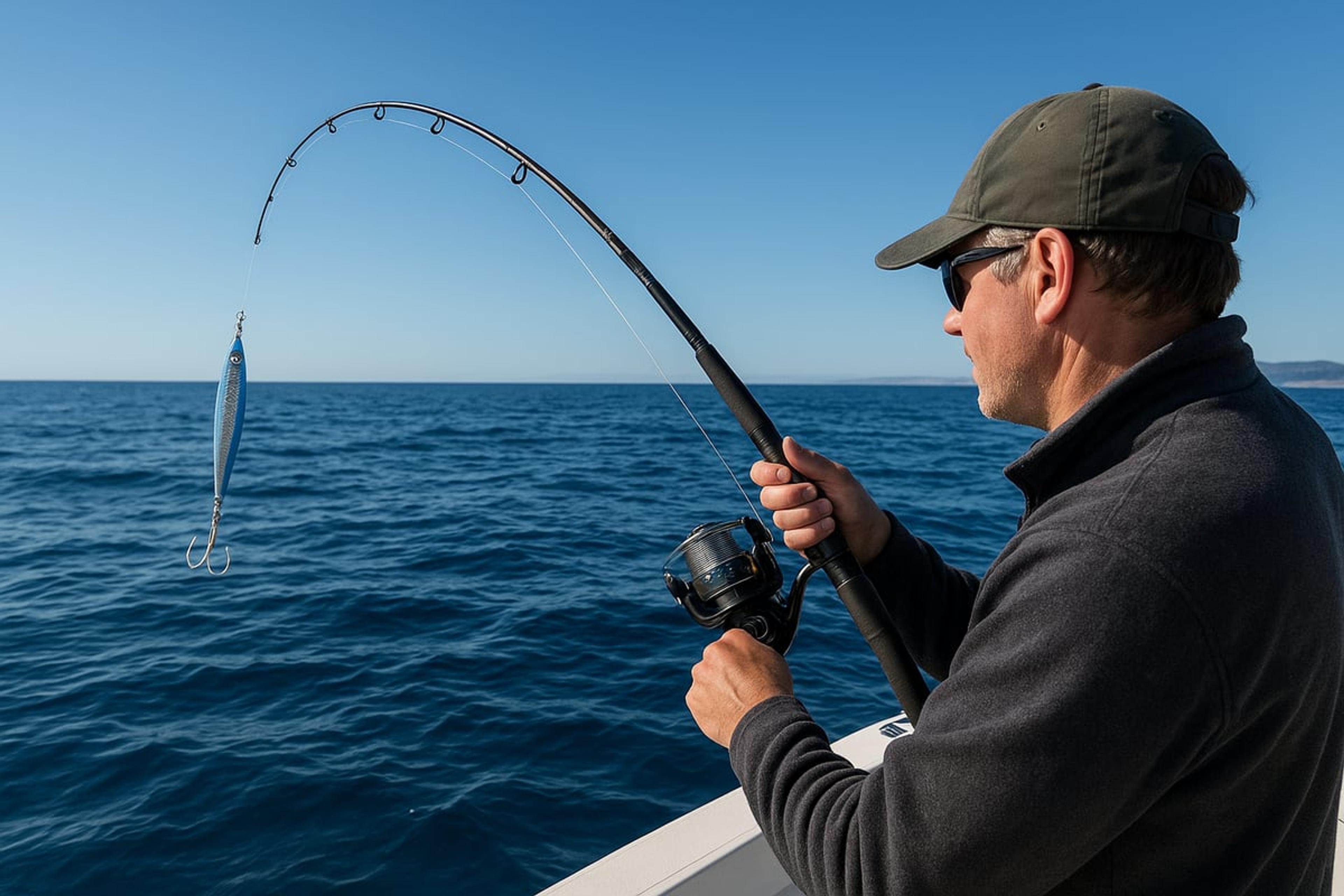 Angler on a boat jigging with a bent spinning rod as a slim jig rises from the water