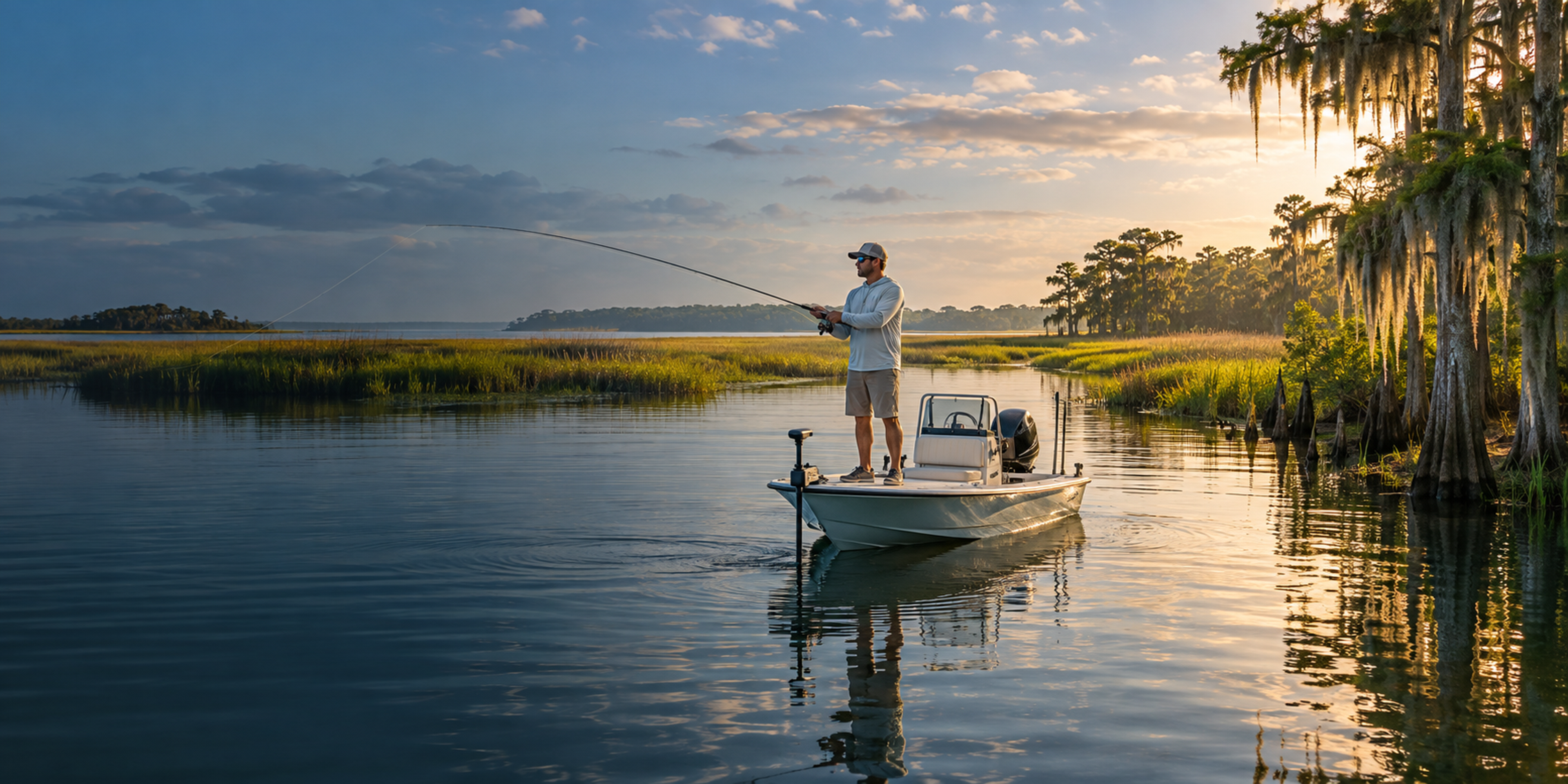 An angler casts from a skiff on a calm tidal creek lined with marsh grass and moss-draped cypress trees.