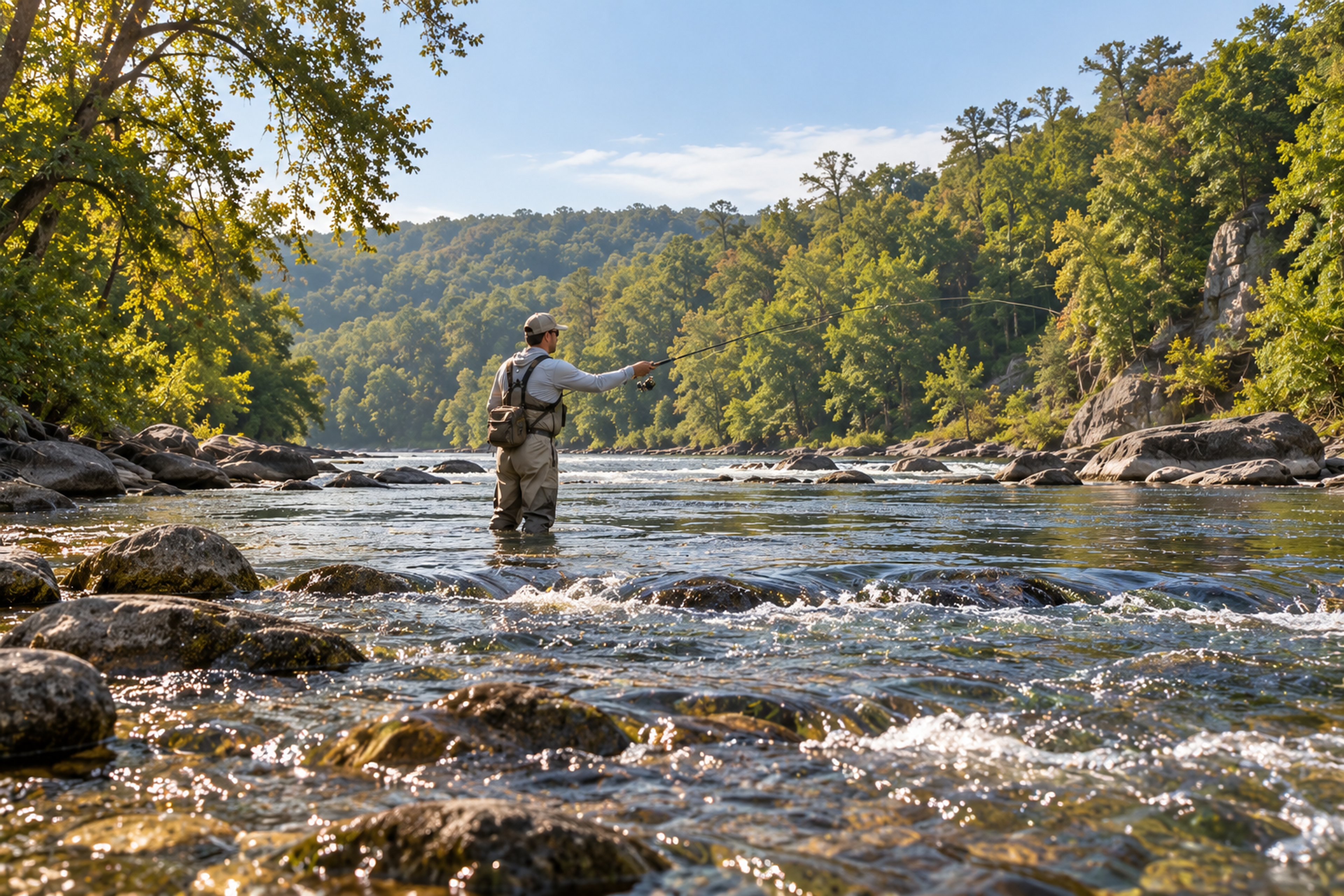An angler wades a rocky, riffled river and casts toward the far bank, with forested hills on both sides.