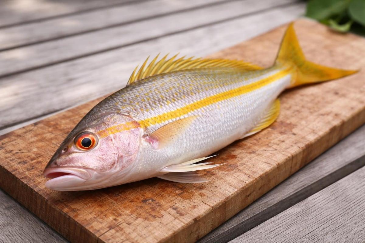 Yellowtail snapper on a wooden board, showing the yellow stripe running from its snout to its forked yellow tail