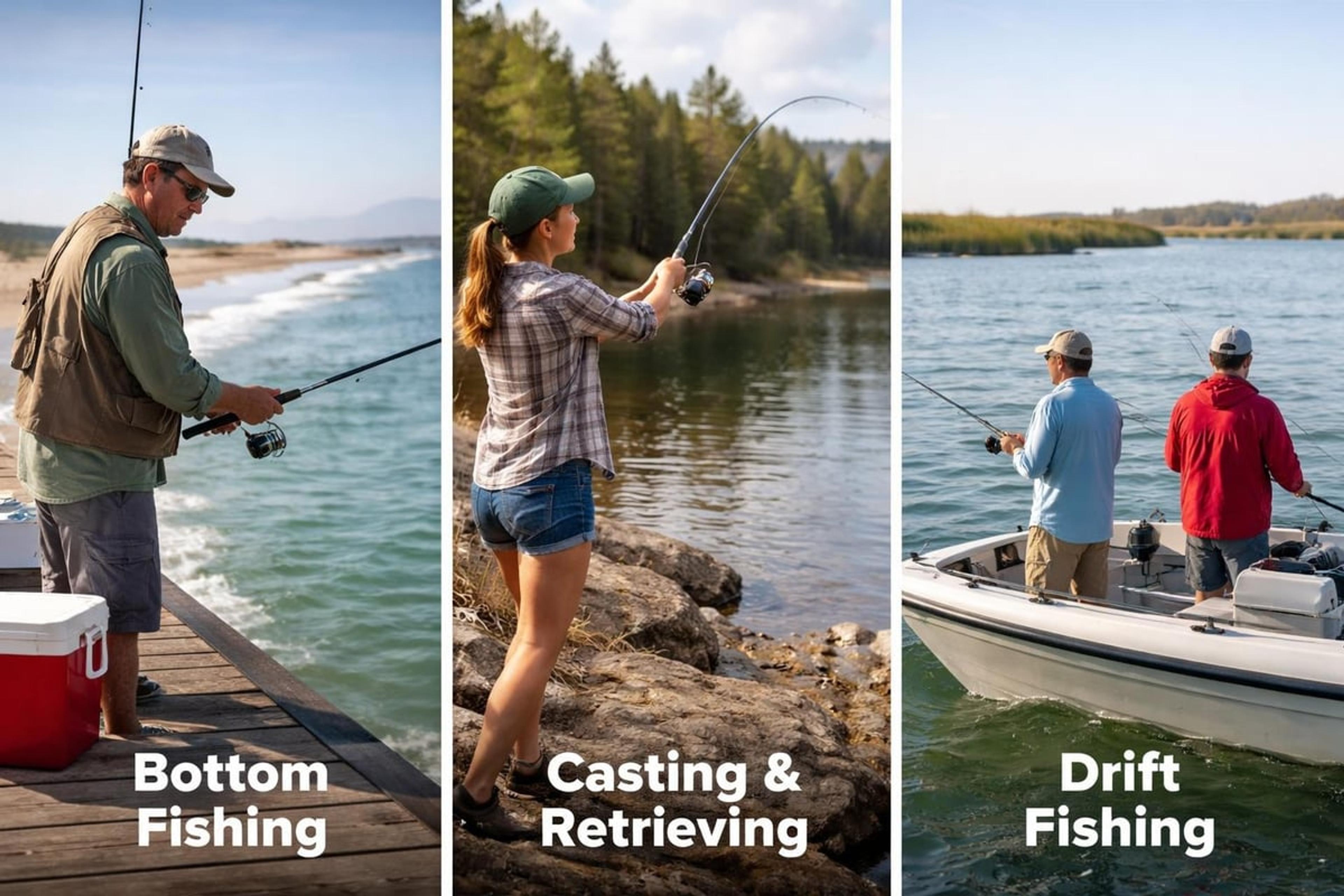 Three panels labelled Bottom Fishing, Casting & Retrieving and Drift Fishing: an angler on a pier, an angler casting from rocks, and two anglers drifting in a boat