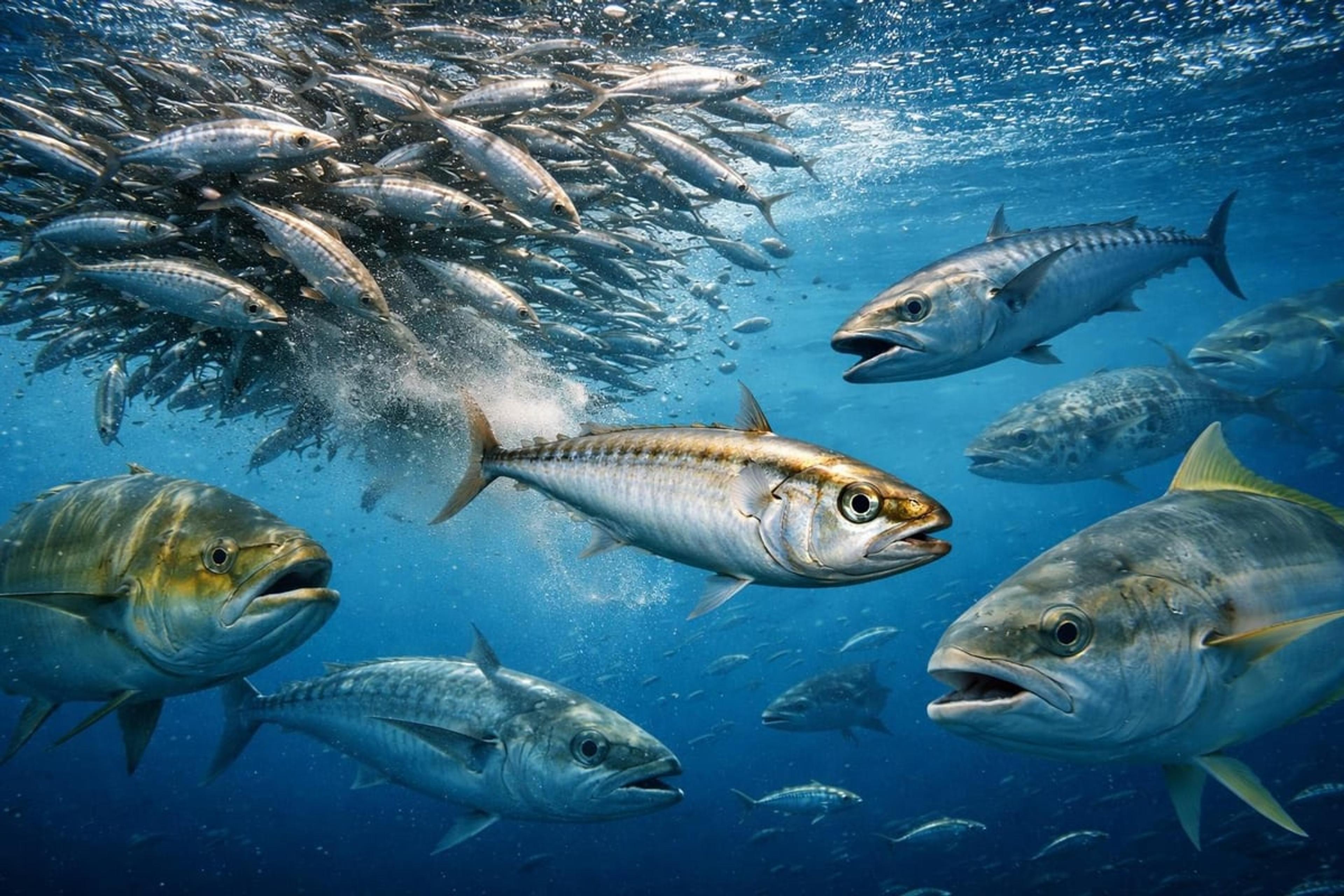Tuna and jacks attacking a dense school of pilchards underwater