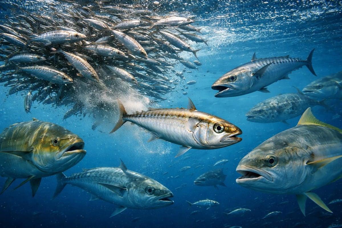 Tuna and jacks attacking a dense school of pilchards underwater