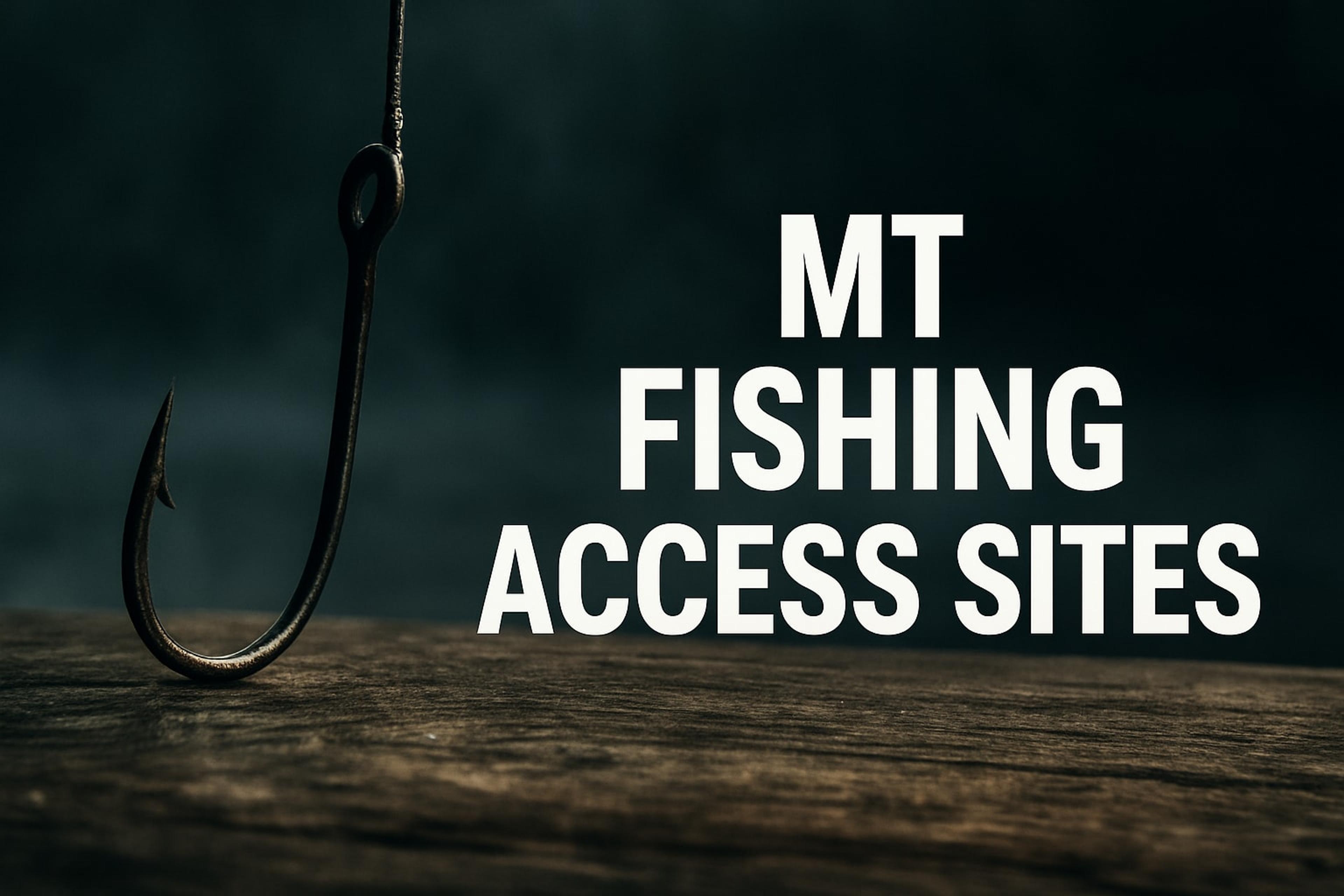 Large fishing hook on a dark wooden surface beside the words “MT Fishing Access Sites”