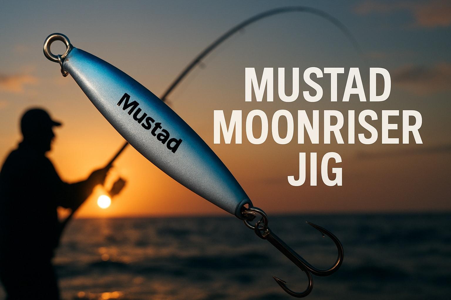 Blue slim jig marked Mustad with an assist hook, beside the words “Mustad Moonriser Jig” and a silhouetted angler at sunset