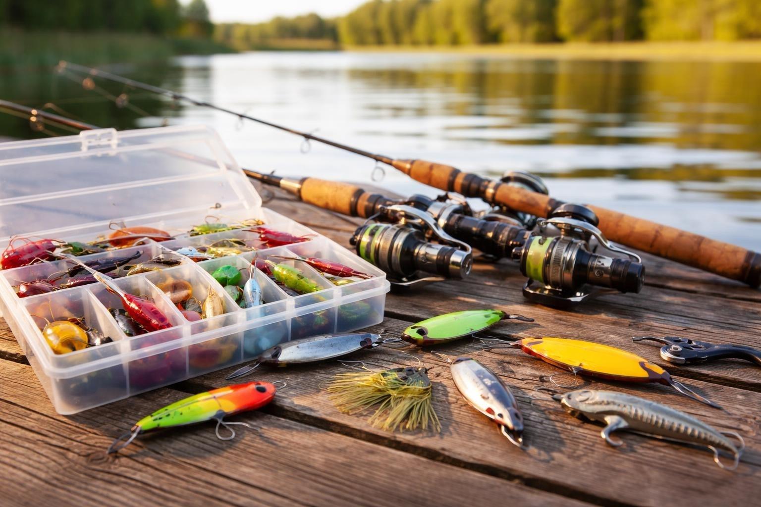 Open tackle box of soft plastics and hard lures beside two spinning rods on a sunny lakeside dock