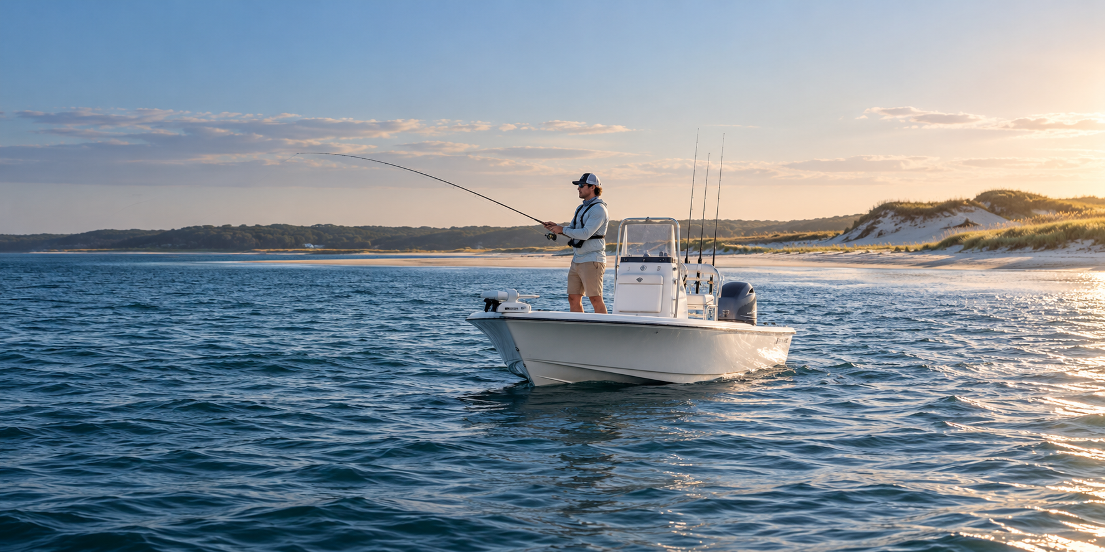 An angler casts from a center-console boat off a sandy shoreline with grassy dunes at sunset.