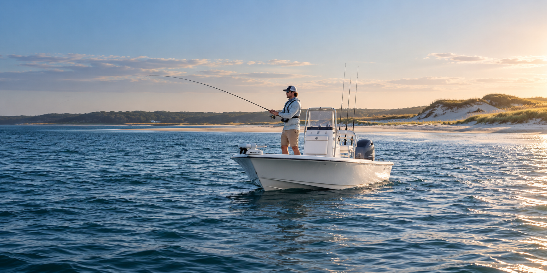 An angler casts from a center-console boat off a sandy shoreline with grassy dunes at sunset.