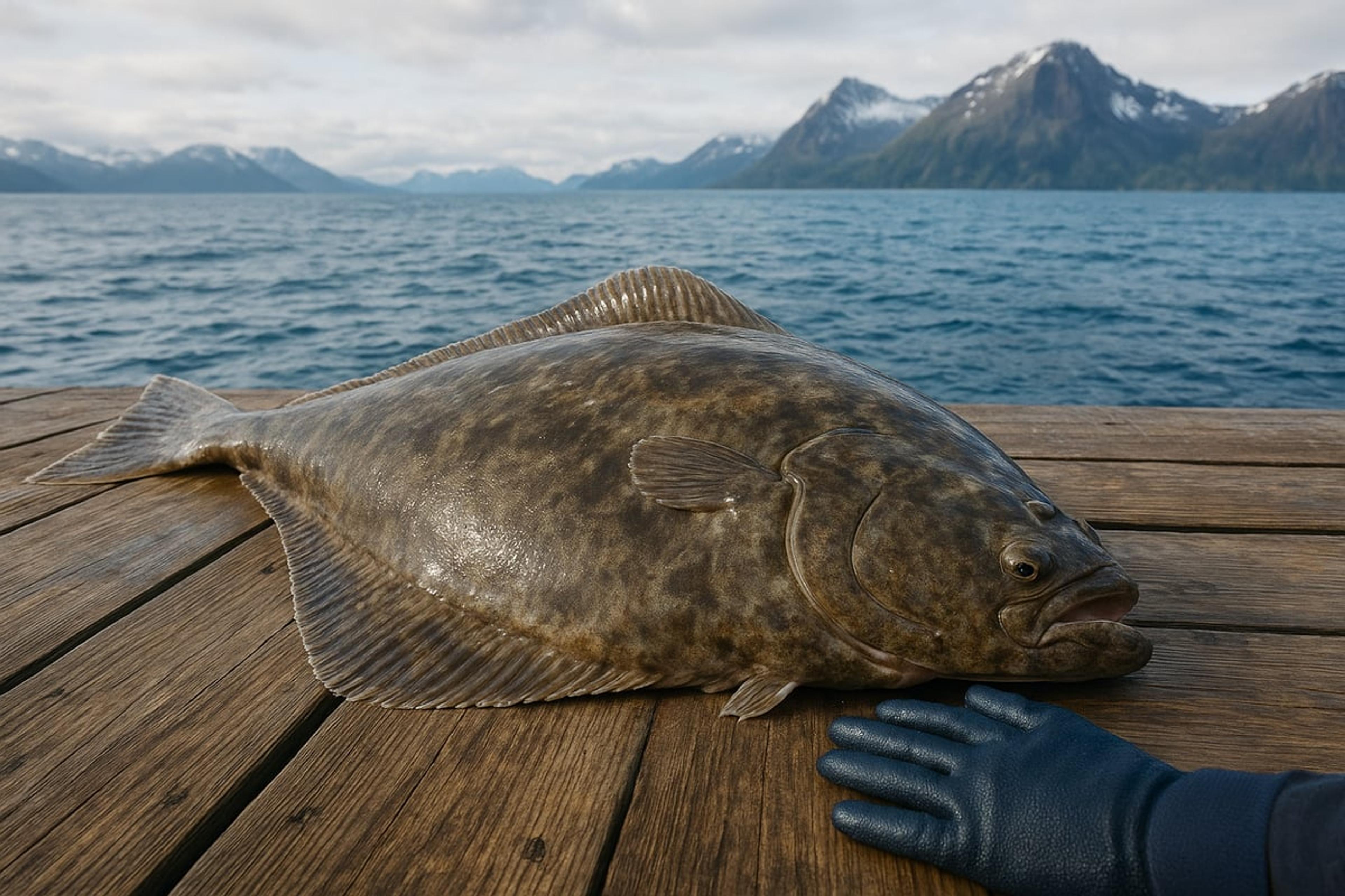 Large mottled halibut lying on a dock beside a gloved hand, with snowy mountains across the water