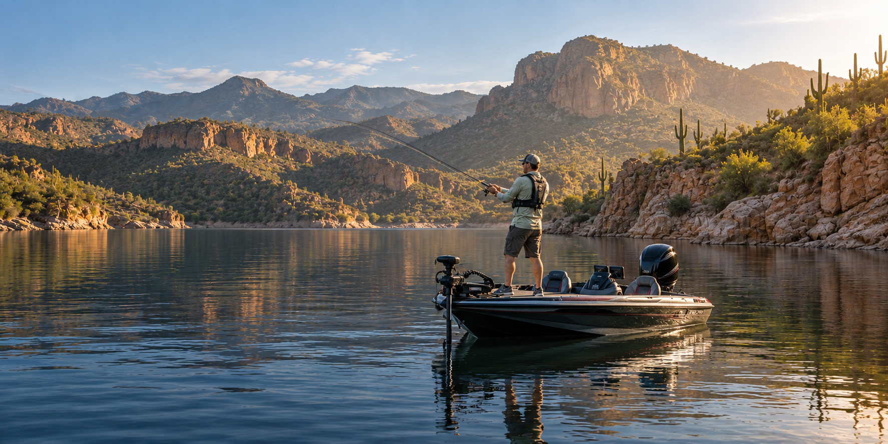 An angler casts from a bass boat on a desert lake beneath rugged canyon cliffs dotted with saguaro cactus.