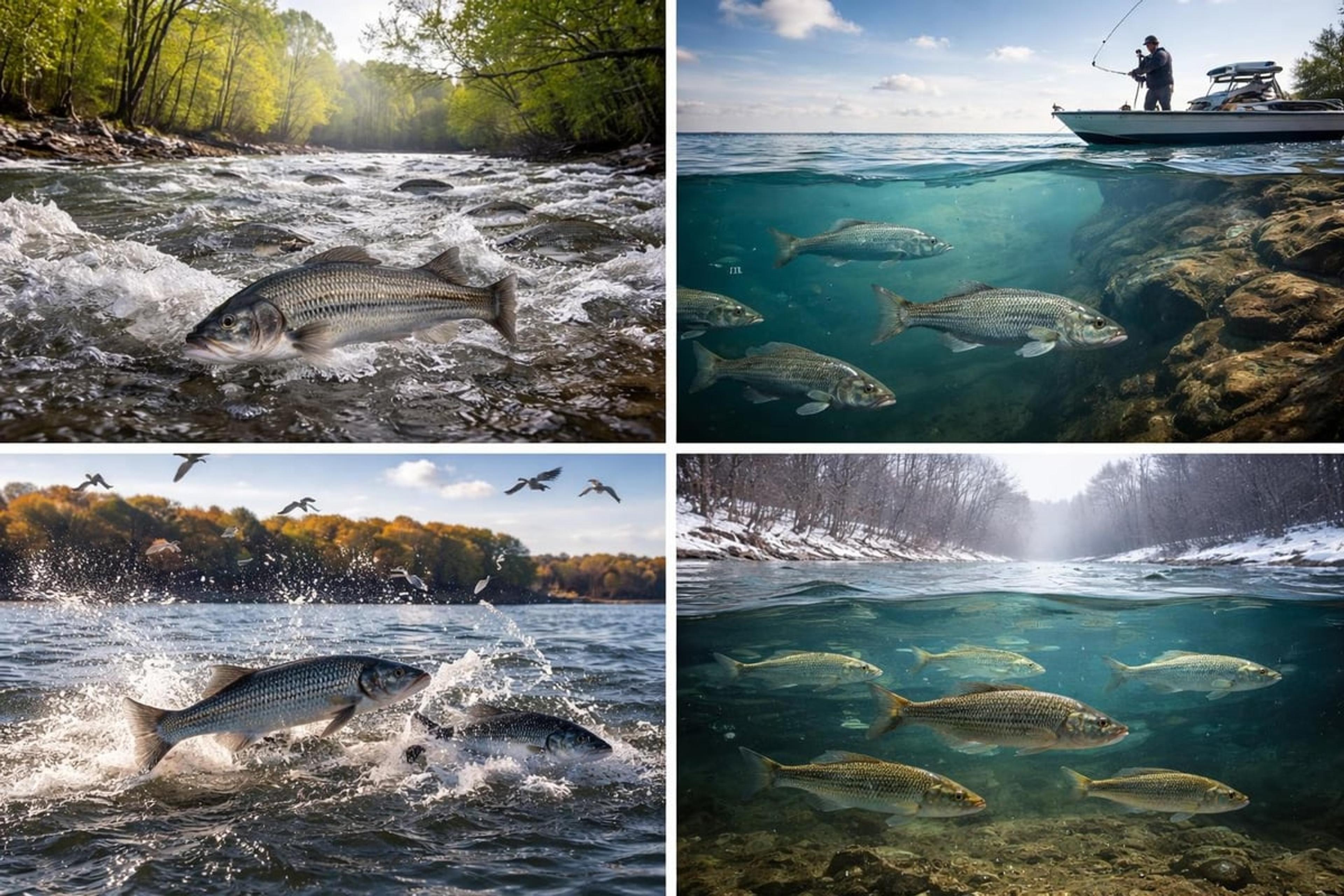 Four striped bass scenes: a fish in a rocky river current, a school beneath a boat, bass breaking the surface under diving birds, and a school in cold winter water