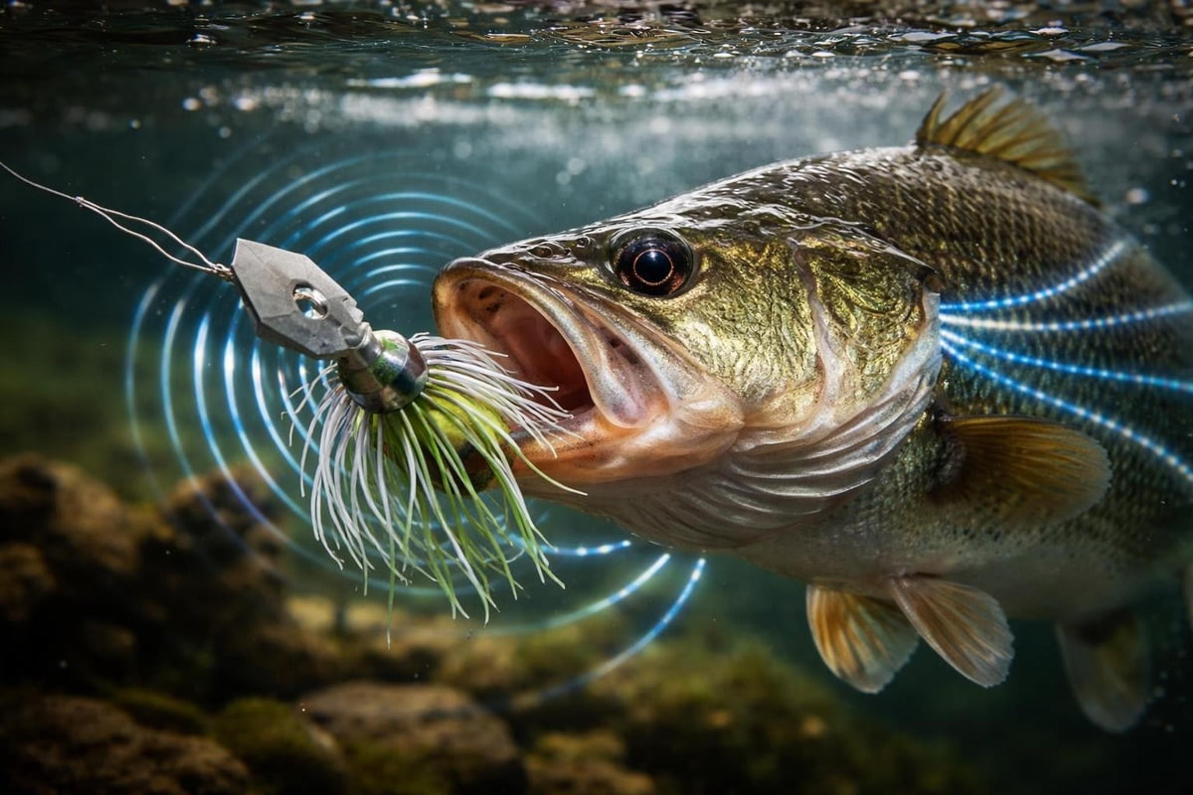 Bass lunging at a bladed jig, with rings illustrating the vibration coming off the blade