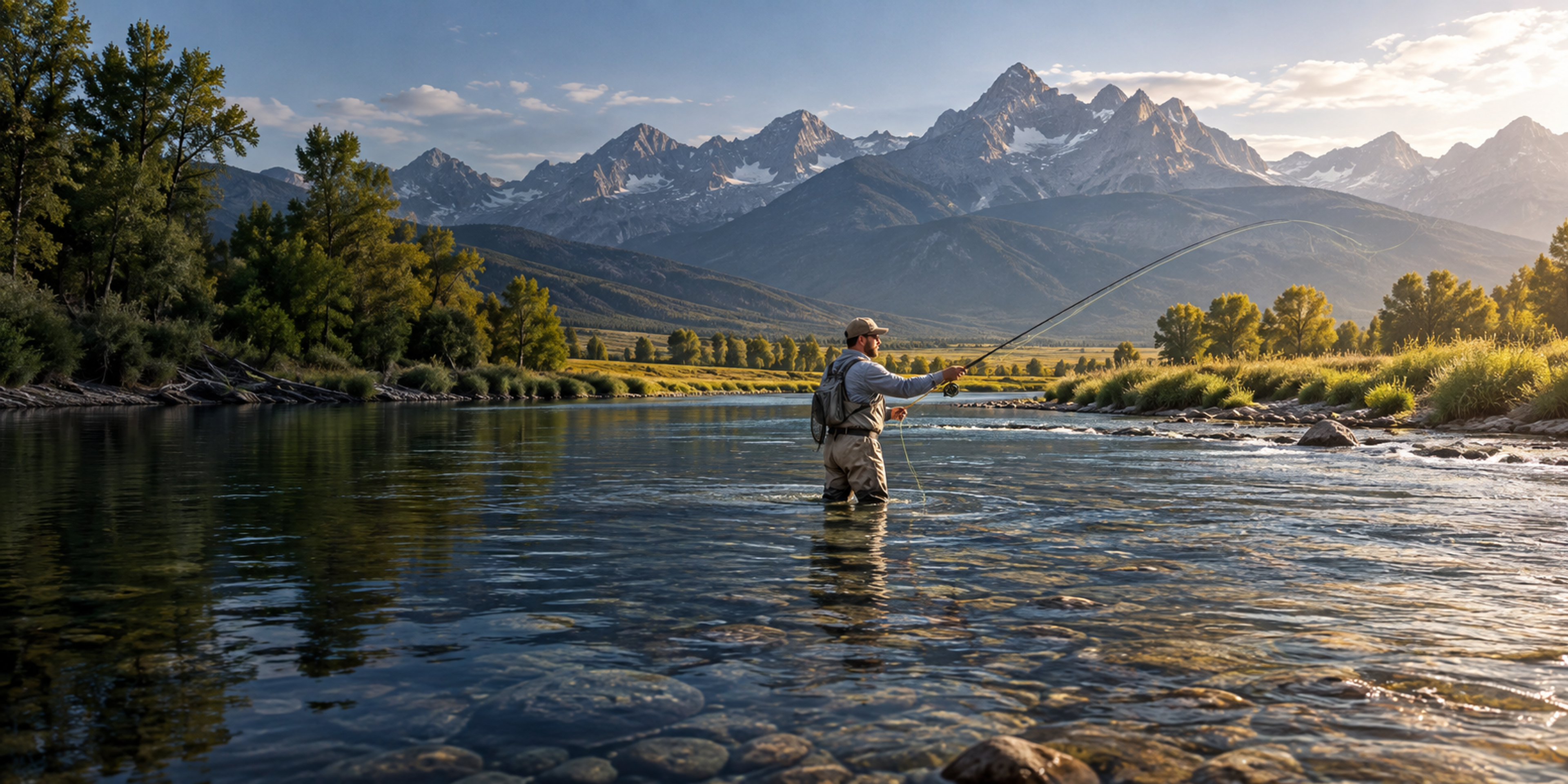 A fly angler wades a clear, rocky river and casts toward a line of cottonwoods beneath rugged mountains.