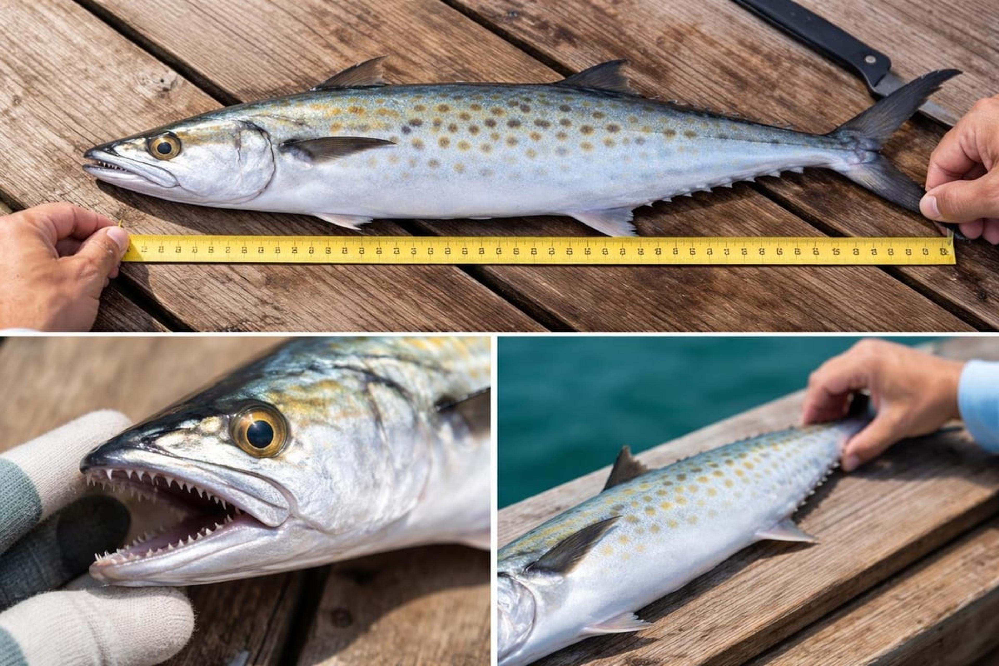 A Spanish mackerel laid along a measuring tape, with close-ups of its sharp teeth and its spotted side