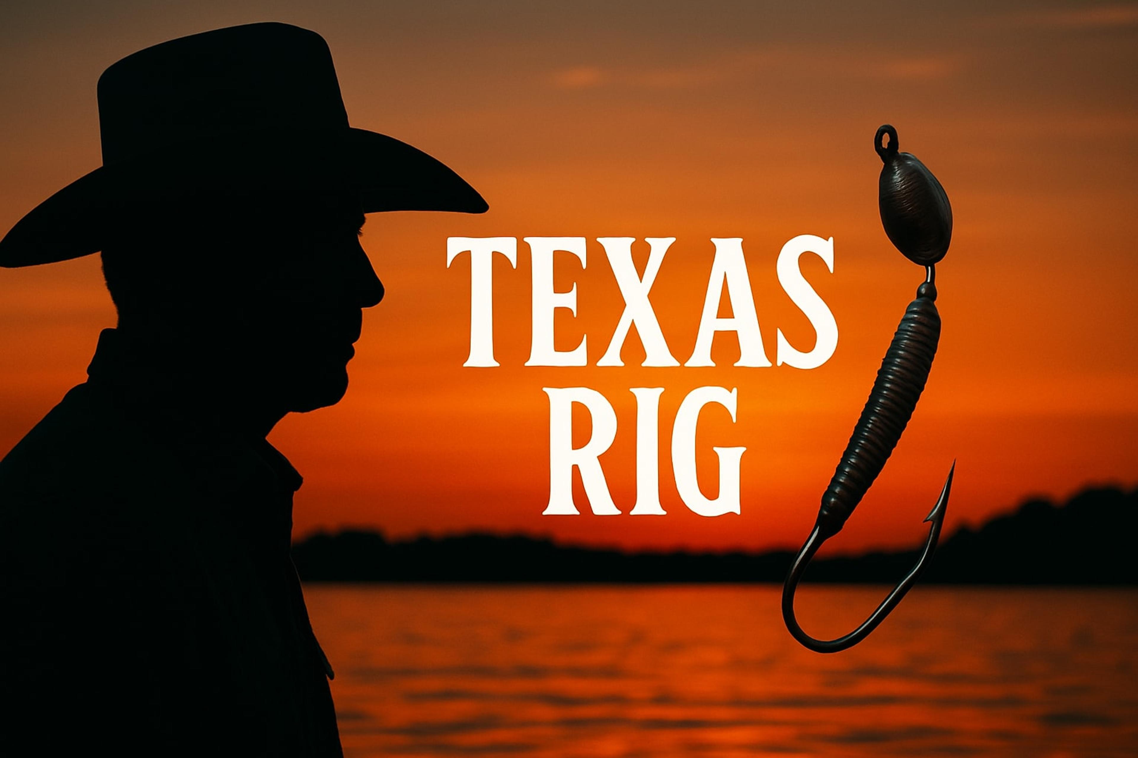 Silhouette of an angler in a cowboy hat at sunset beside the words “Texas Rig” and a soft-plastic worm on a weighted hook