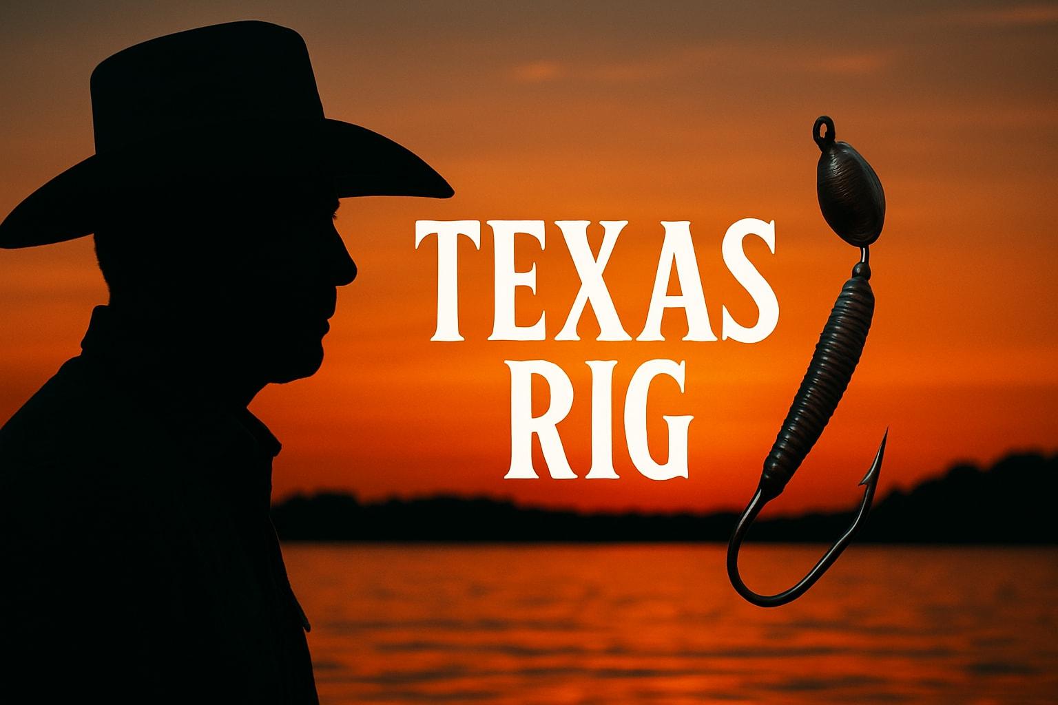 Silhouette of an angler in a cowboy hat at sunset beside the words “Texas Rig” and a soft-plastic worm on a weighted hook
