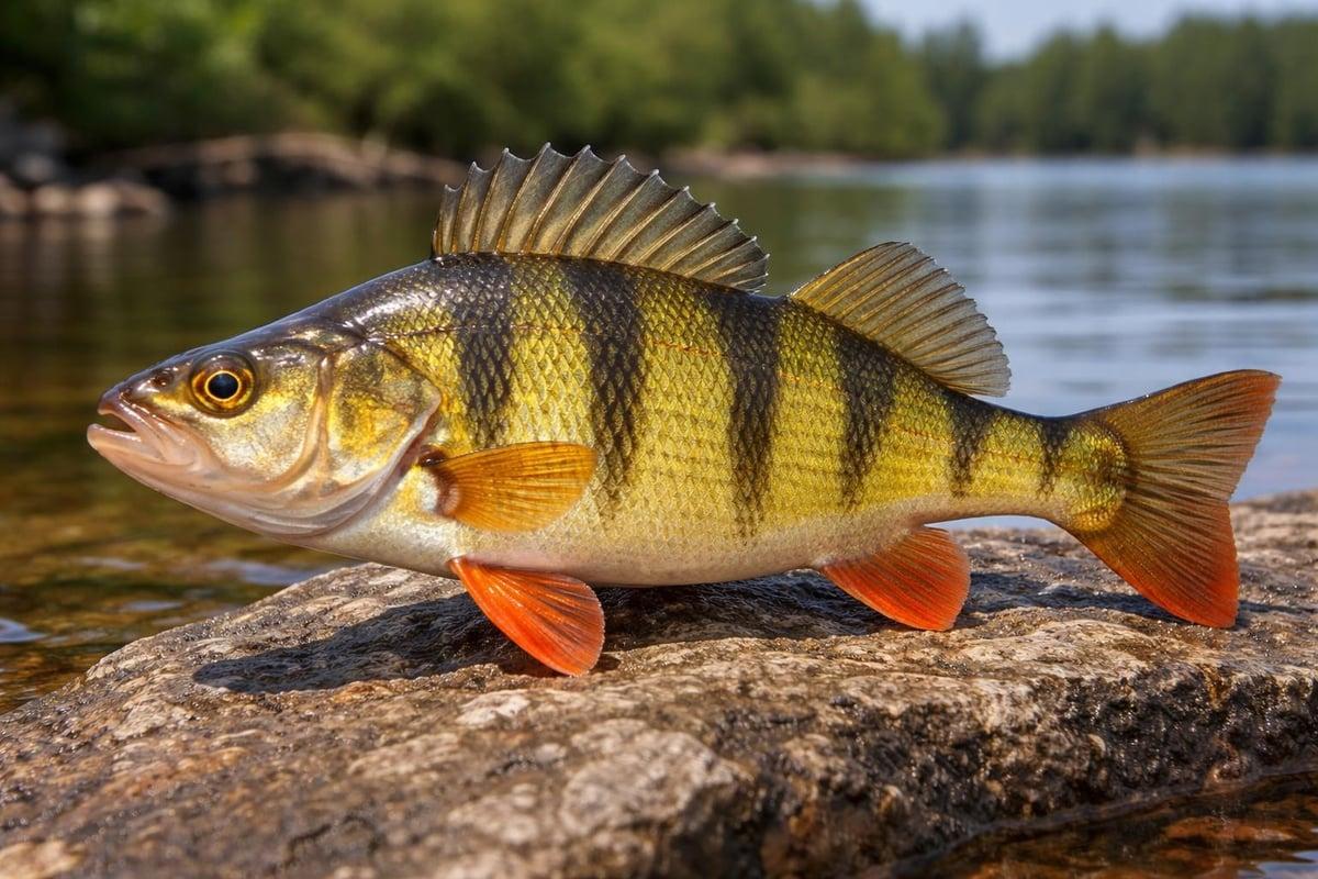 Yellow perch with dark vertical bars and orange fins resting on a rock beside a lake