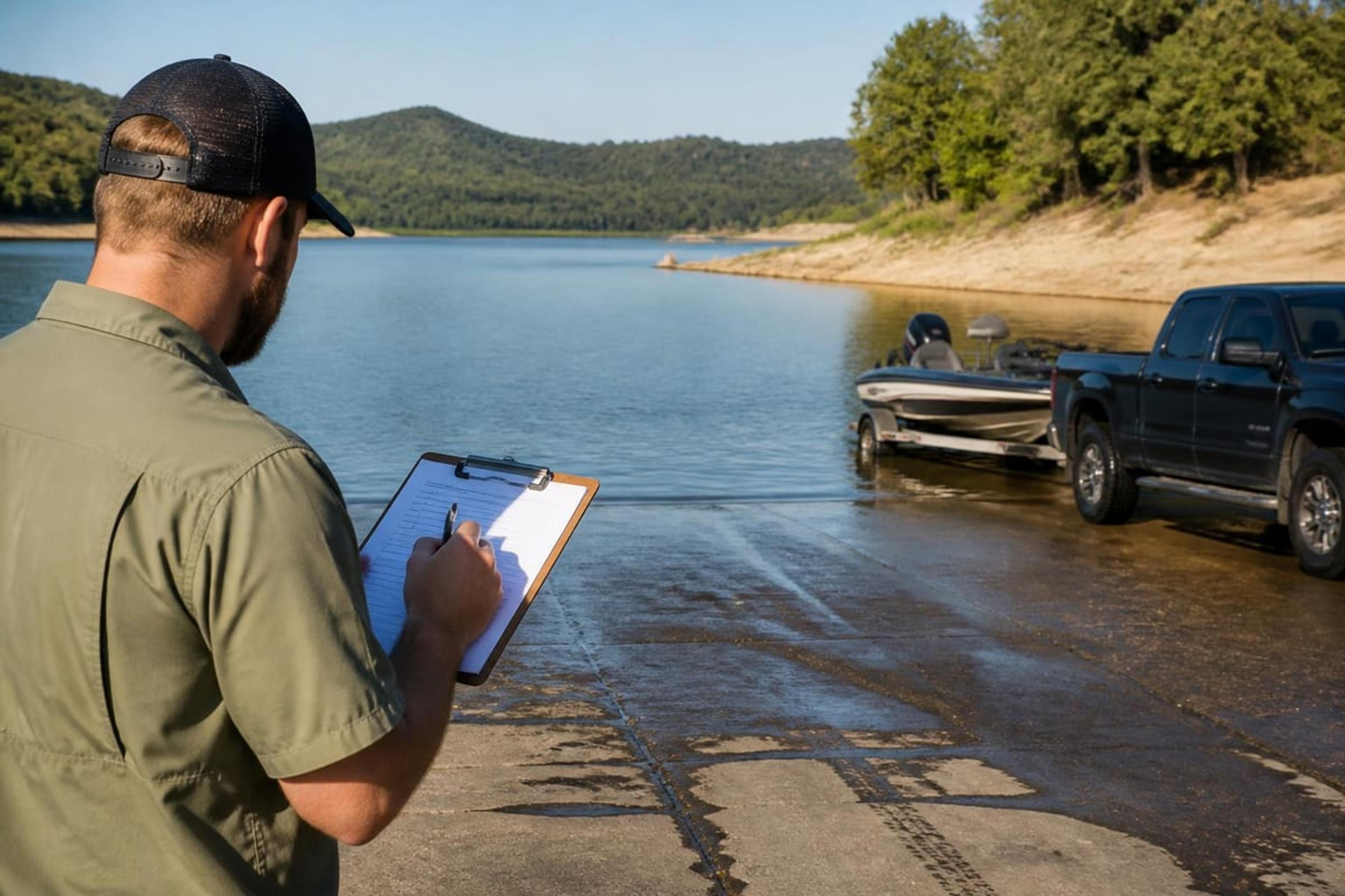 Angler with a clipboard taking notes at a lakeside boat ramp while a pickup truck launches a boat