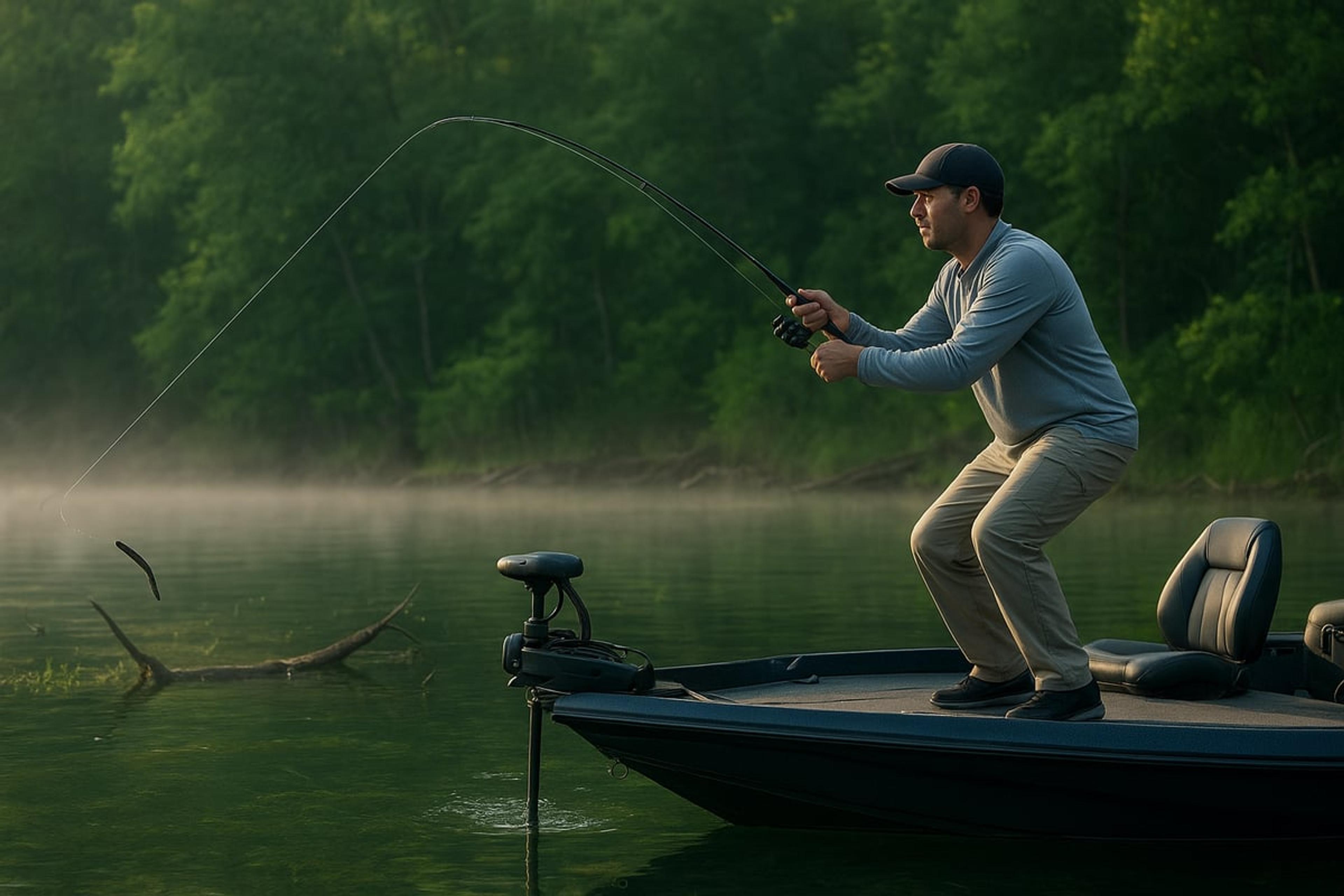 Angler on a bass boat casting toward a submerged branch on a misty lake