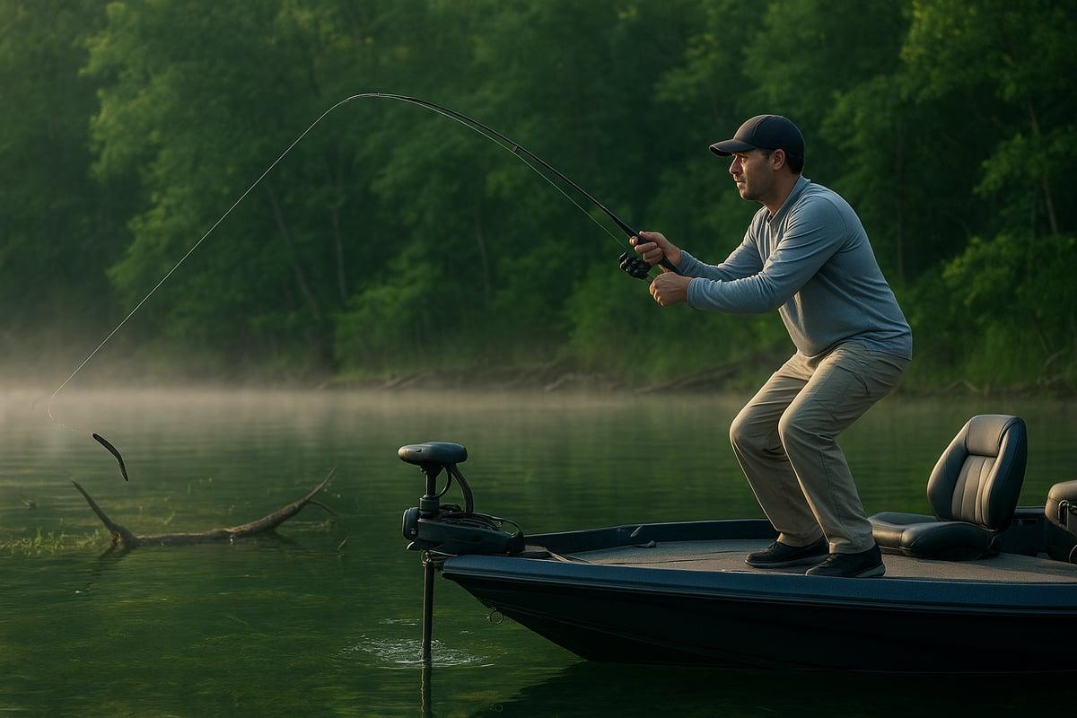 Angler on a bass boat casting toward a submerged branch on a misty lake