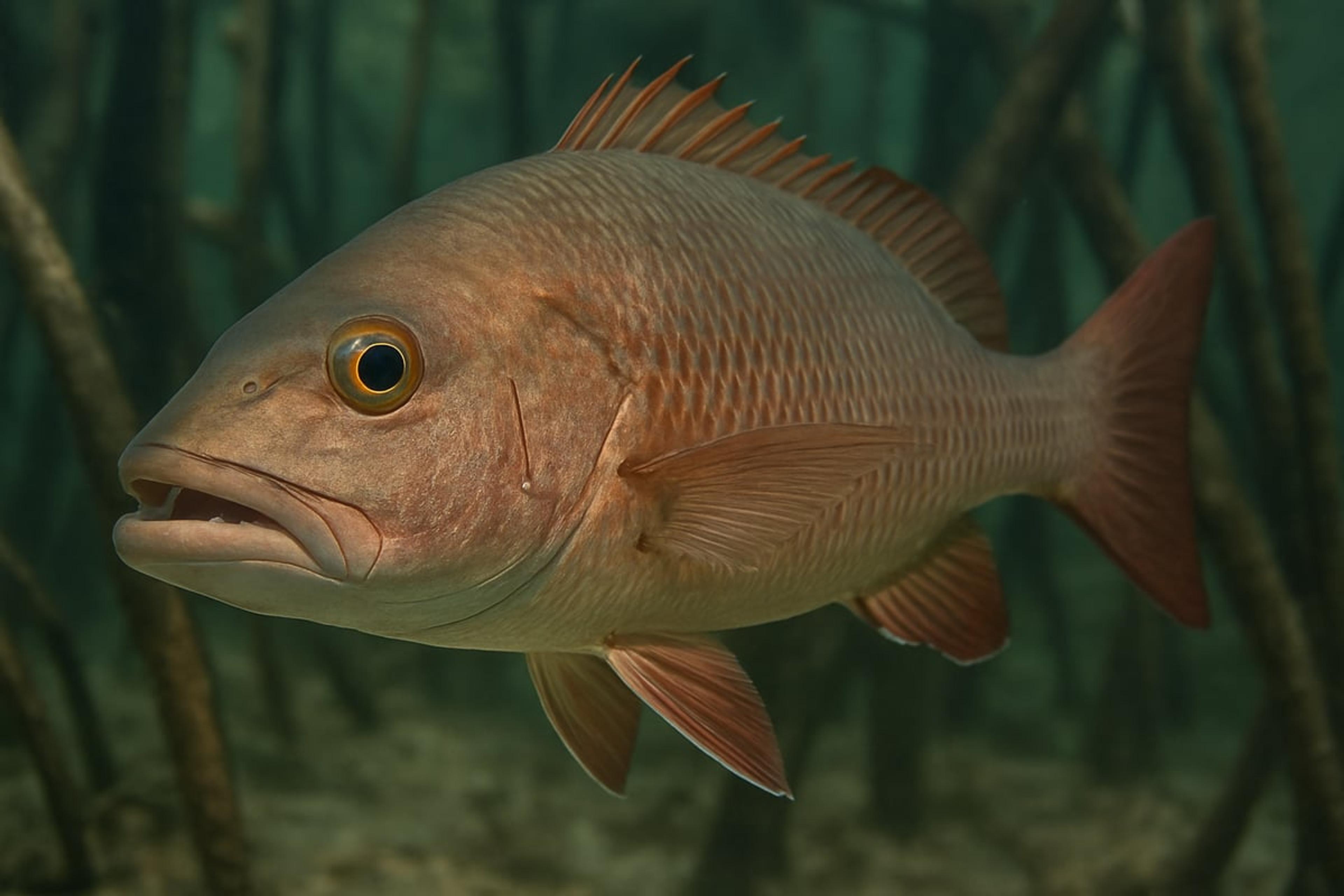 Reddish-brown snapper swimming among underwater mangrove roots
