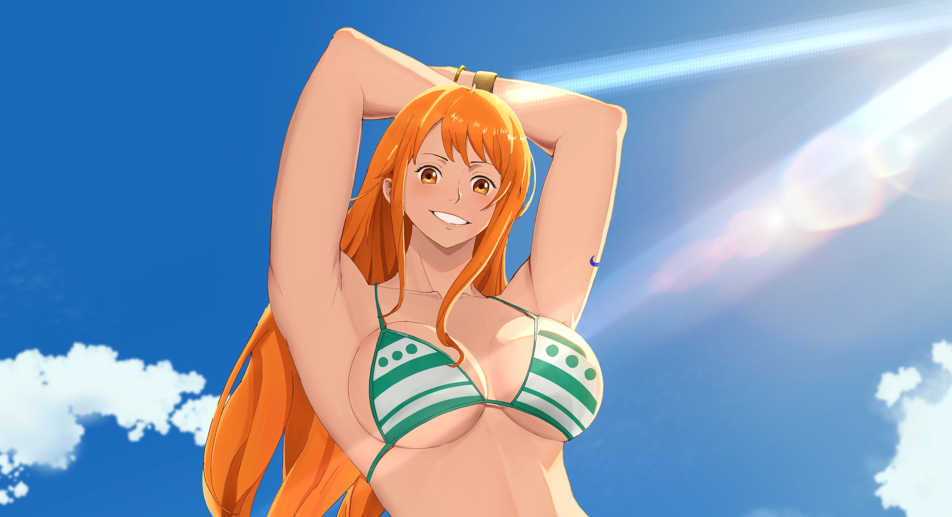 Artwork of Nami – Summer Beach  | One Piece Fanart — Illustration — by XyroNami, One Piece Nami, Nami Fanart, Cat Burglar Nami, Straw Hat Pirates, Summer Anime Art, Tropical Beach Anime, Digital Anime Illustration, Anime Girl Art, Clip Studio Paint Art, Grand Line