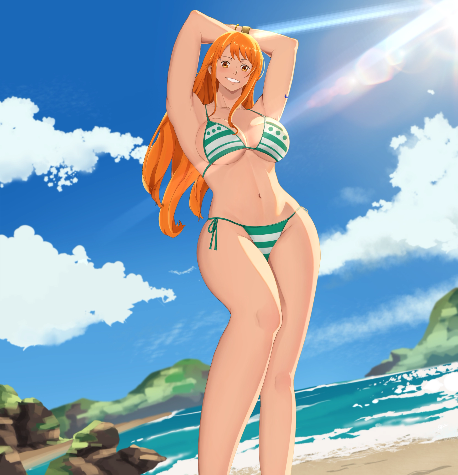 Nami, One Piece Nami, Nami Fanart, Cat Burglar Nami, Straw Hat Pirates, Summer Anime Art, Tropical Beach Anime, Digital Anime Illustration, Anime Girl Art, Clip Studio Paint Art, Grand Line