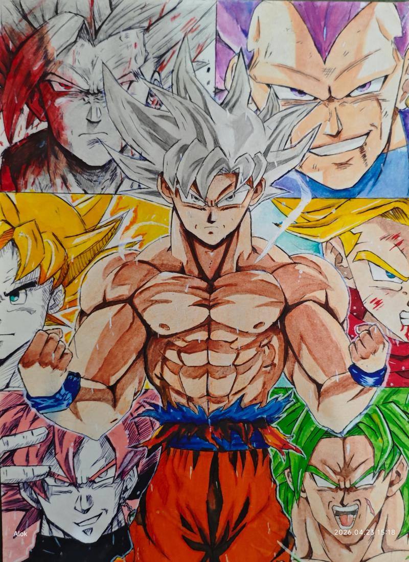 goku collage, dragon ball goku, ultra instinct, super saiyan, dragon ball fan art, goku evolution, anime collage, watercolor dragon ball, dragon ball super art