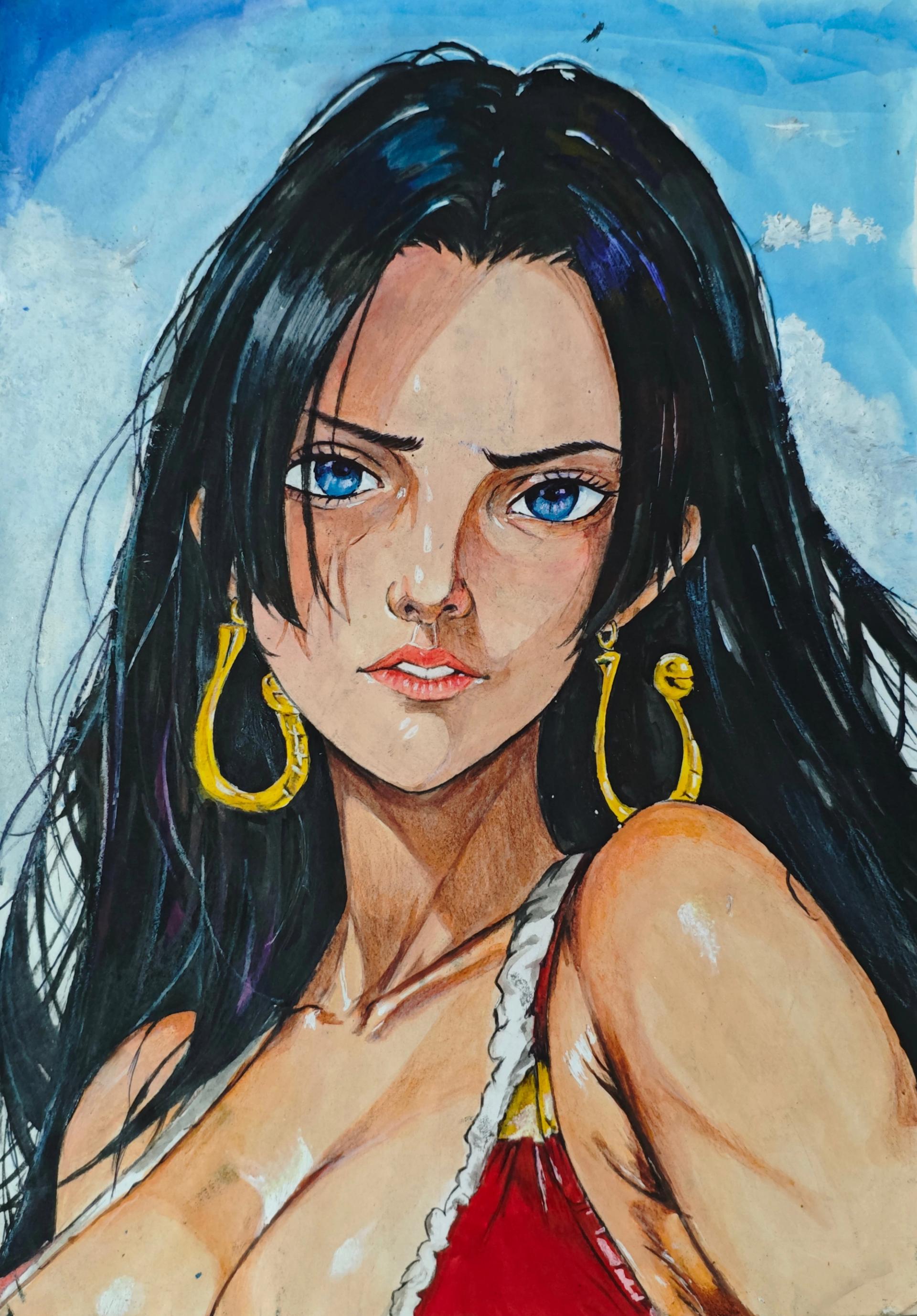 boa hancock, boa hancock fan art, one piece boa hancock, one piece fan art, pirate empress, watercolor one piece, anime girl art, black hair blue eyes, one piece female characters, traditional watercolor, hancock one piece, shichibukai, kuja pirates